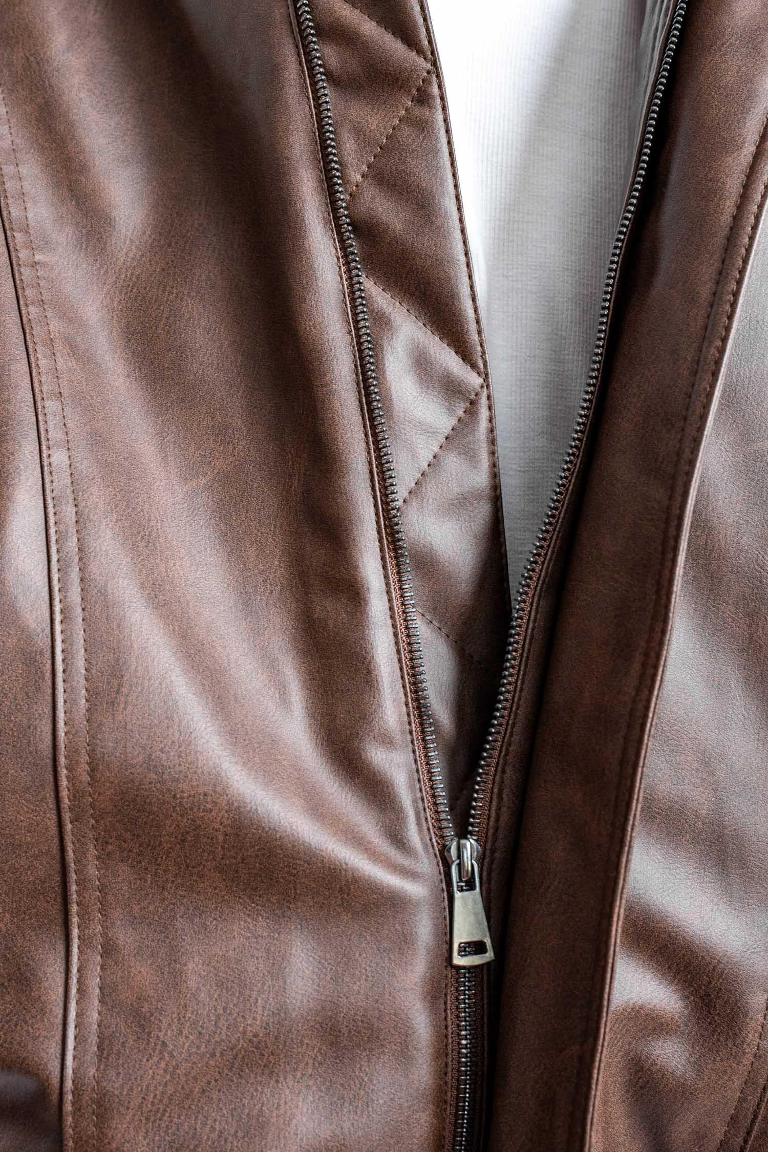 Erkek Oversize Fermuarlı Basic Deri Mont Kahverengi