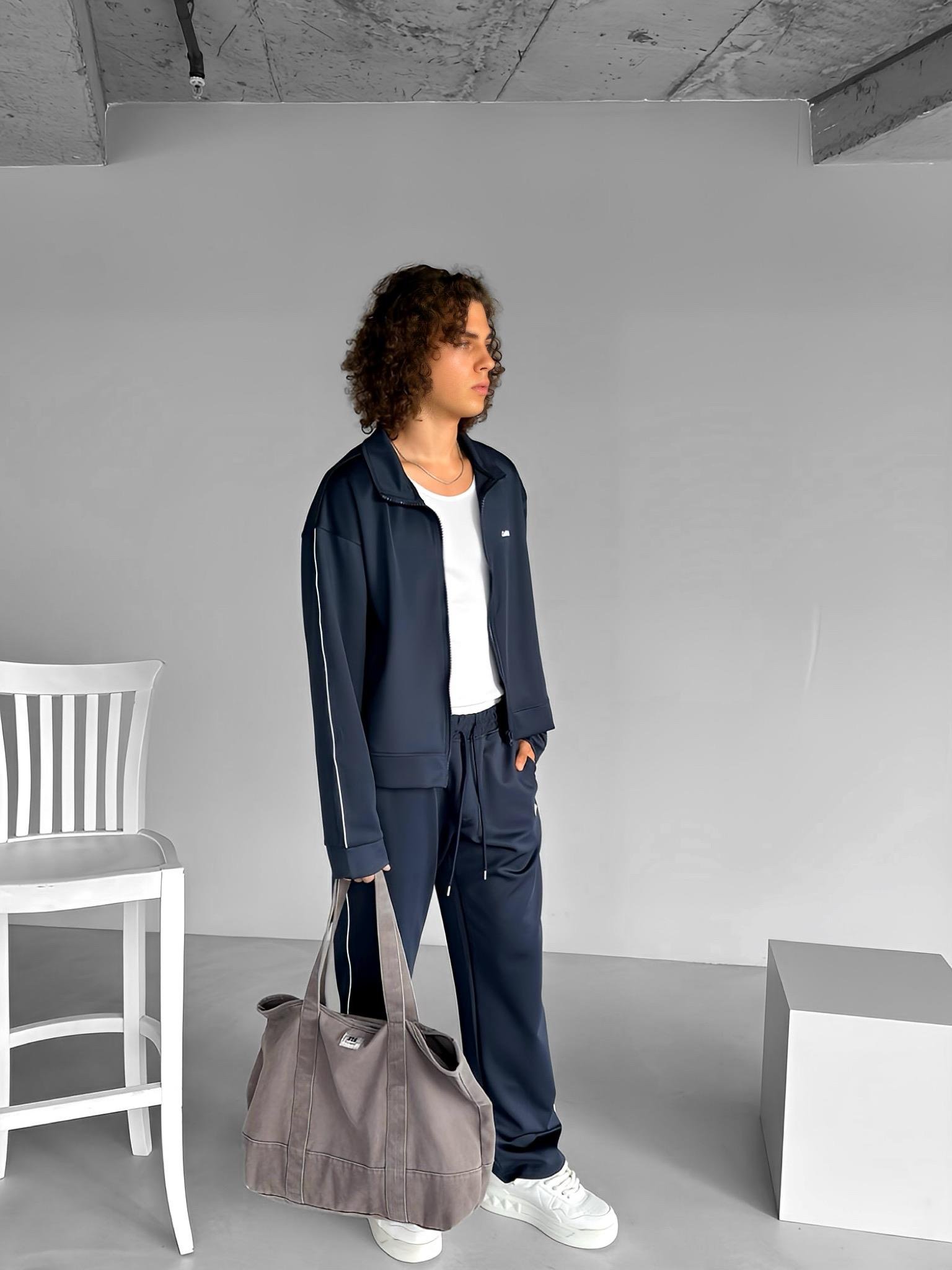 Erkek Oversize Fermuarlı Baskılı Sweatshirt Lacivert