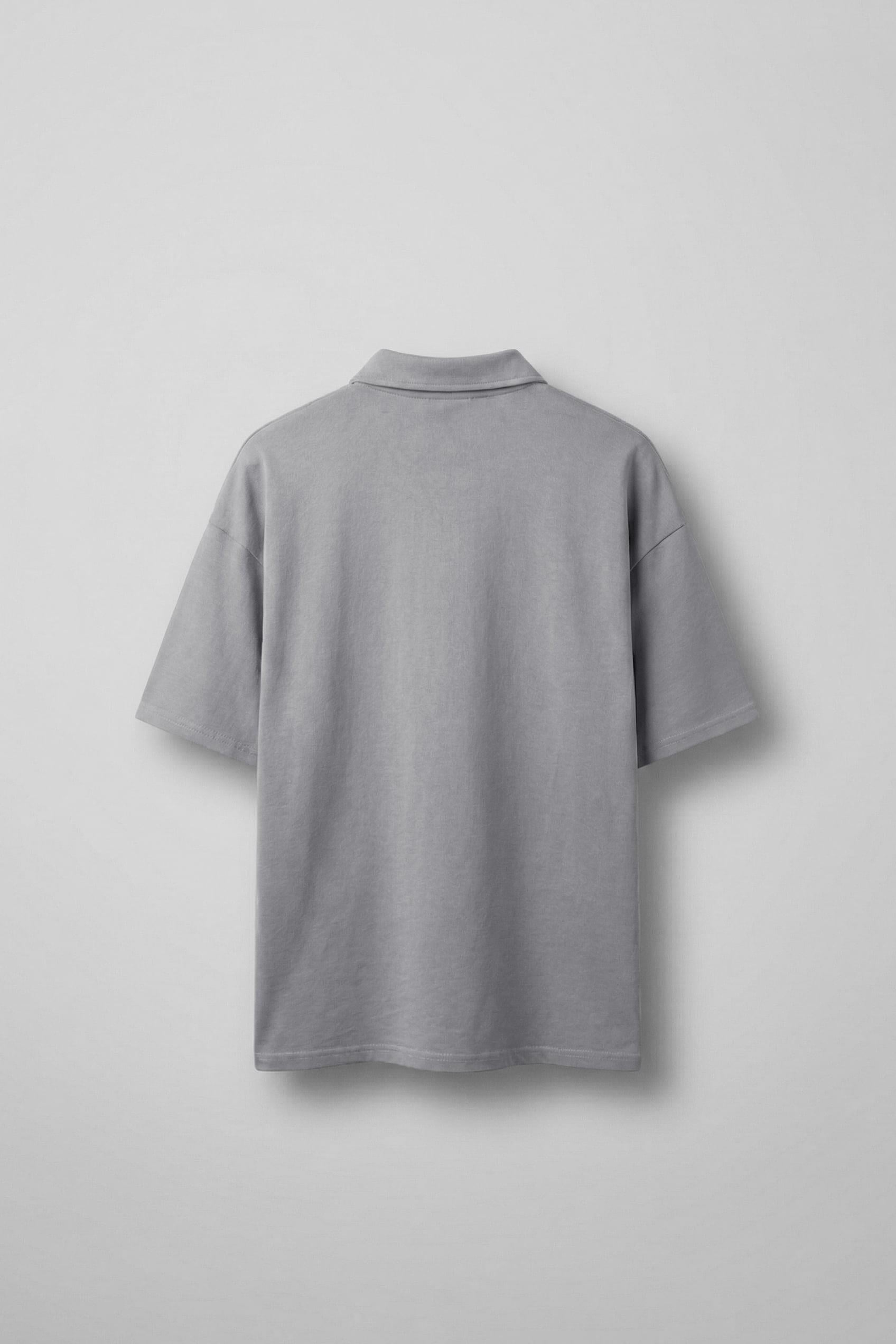Erkek Oversize Fermuarlı Polo Yaka Baskılı T-Shirt Açık Gri