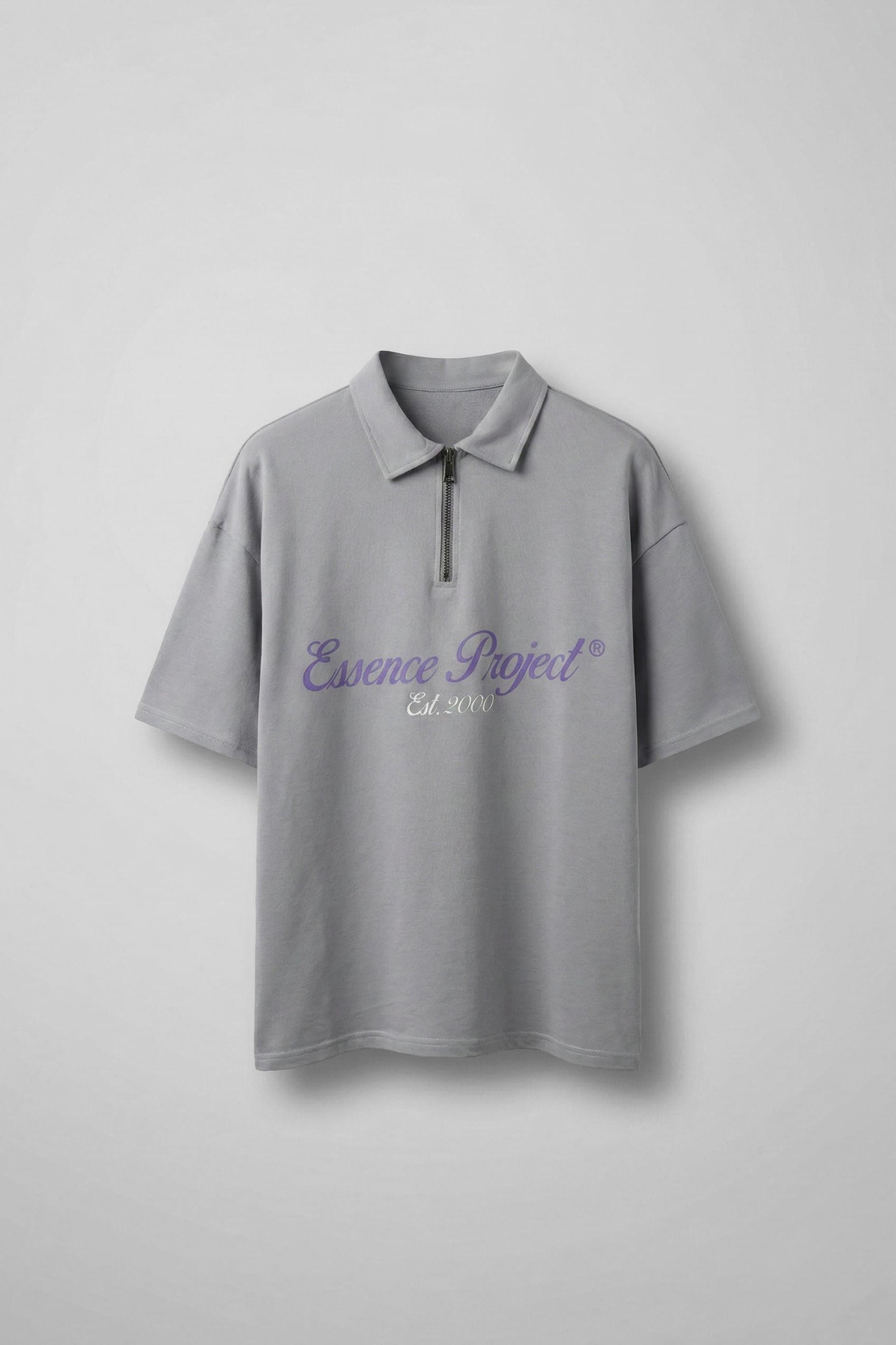 Erkek Oversize Fermuarlı Polo Yaka Baskılı T-Shirt Açık Gri