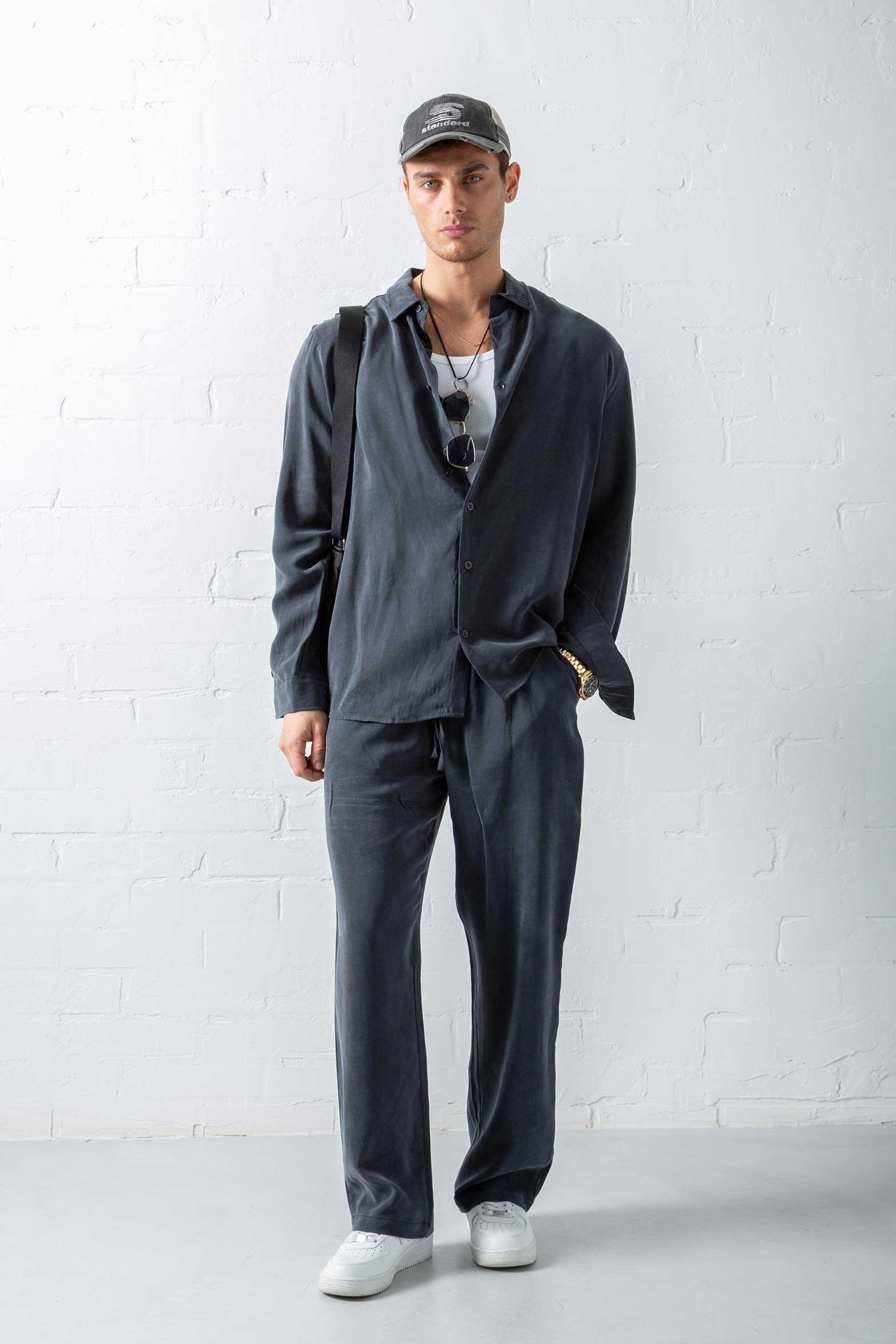 Erkek Oversize Fit Yumuşak Dokulu Gömlek Siyah