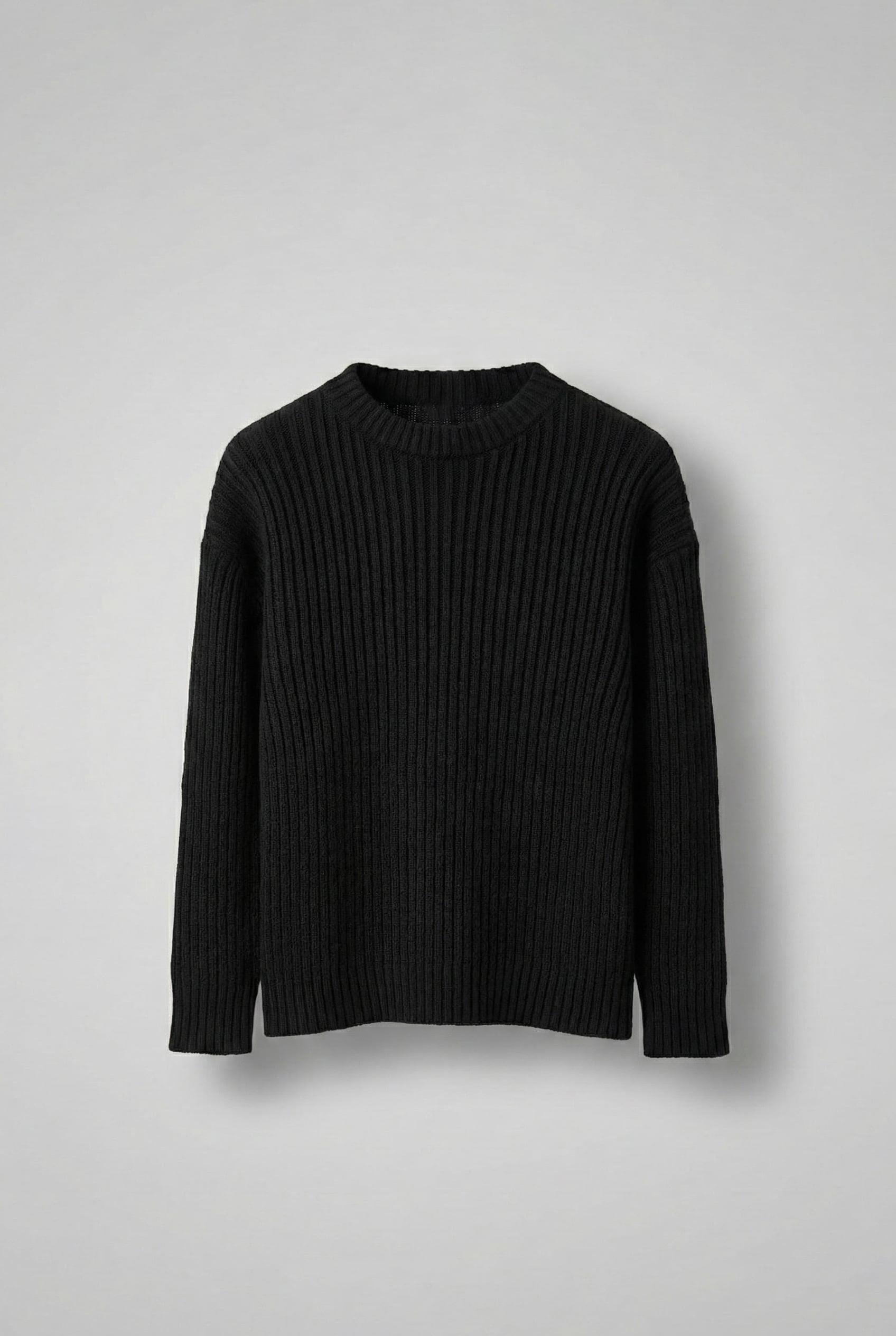 Erkek Oversize Fitilli Basic Triko Kazak Siyah