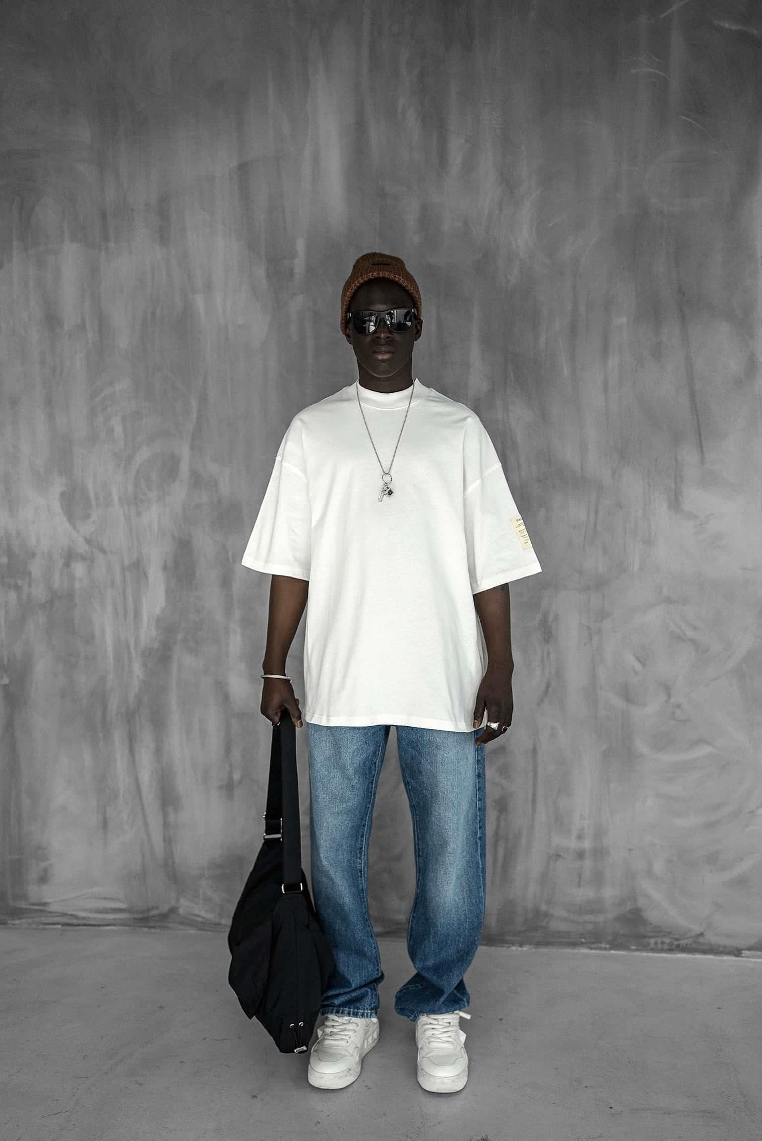Erkek Oversize Fitilli Bisiklet Yaka T-Shirt Beyaz