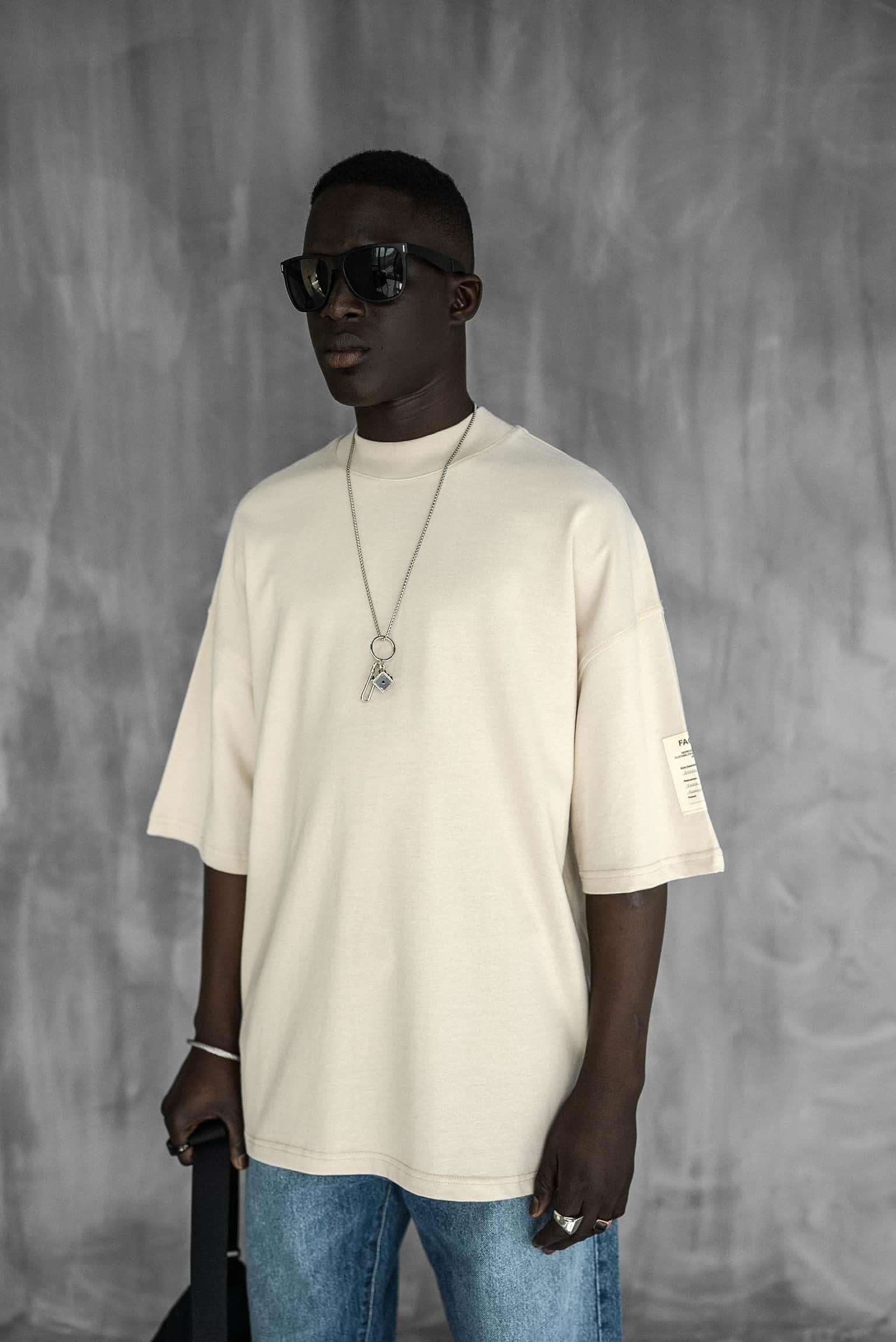 Erkek Oversize Fitilli Bisiklet Yaka T-Shirt Açık Bej