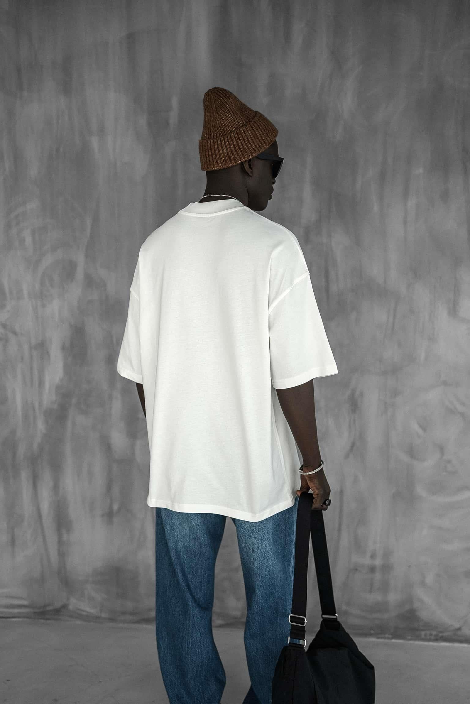 Erkek Oversize Fitilli Bisiklet Yaka T-Shirt Beyaz