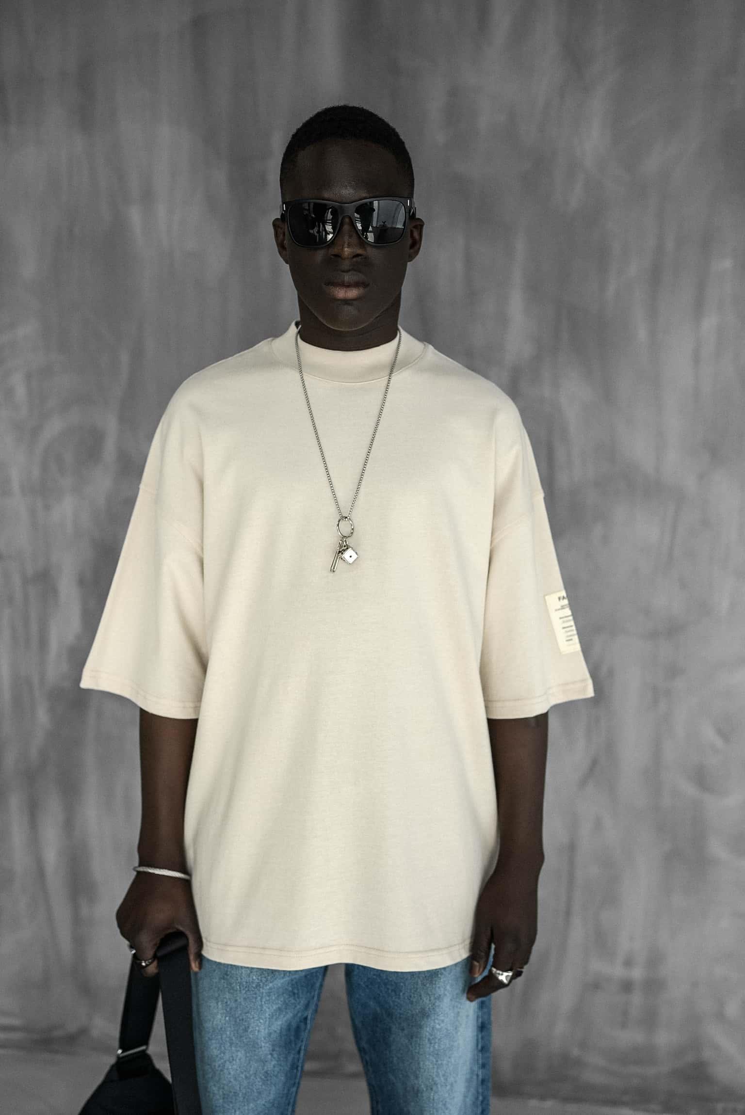 Erkek Oversize Fitilli Bisiklet Yaka T-Shirt Açık Bej