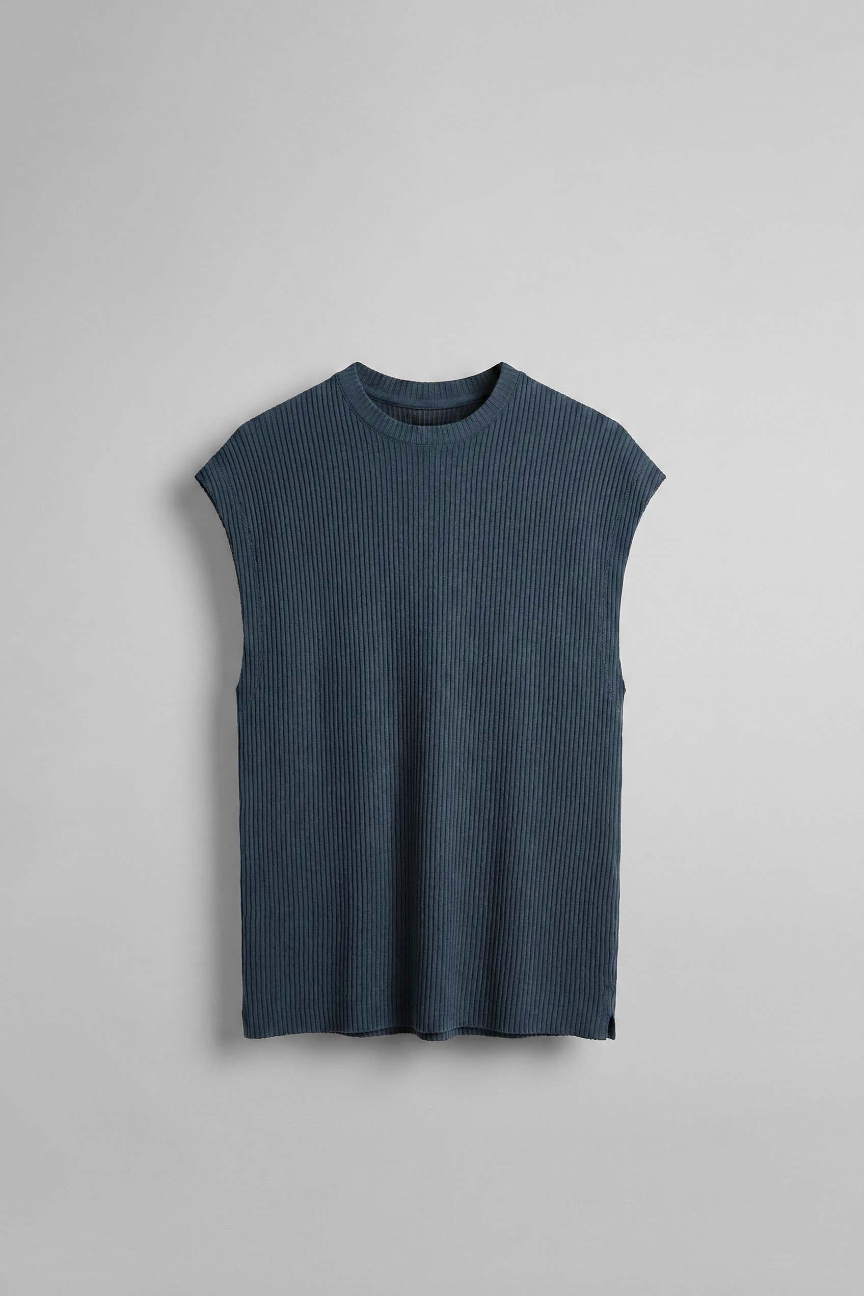 Erkek Oversize Fitilli Kolsuz T-Shirt Petrol Mavi
