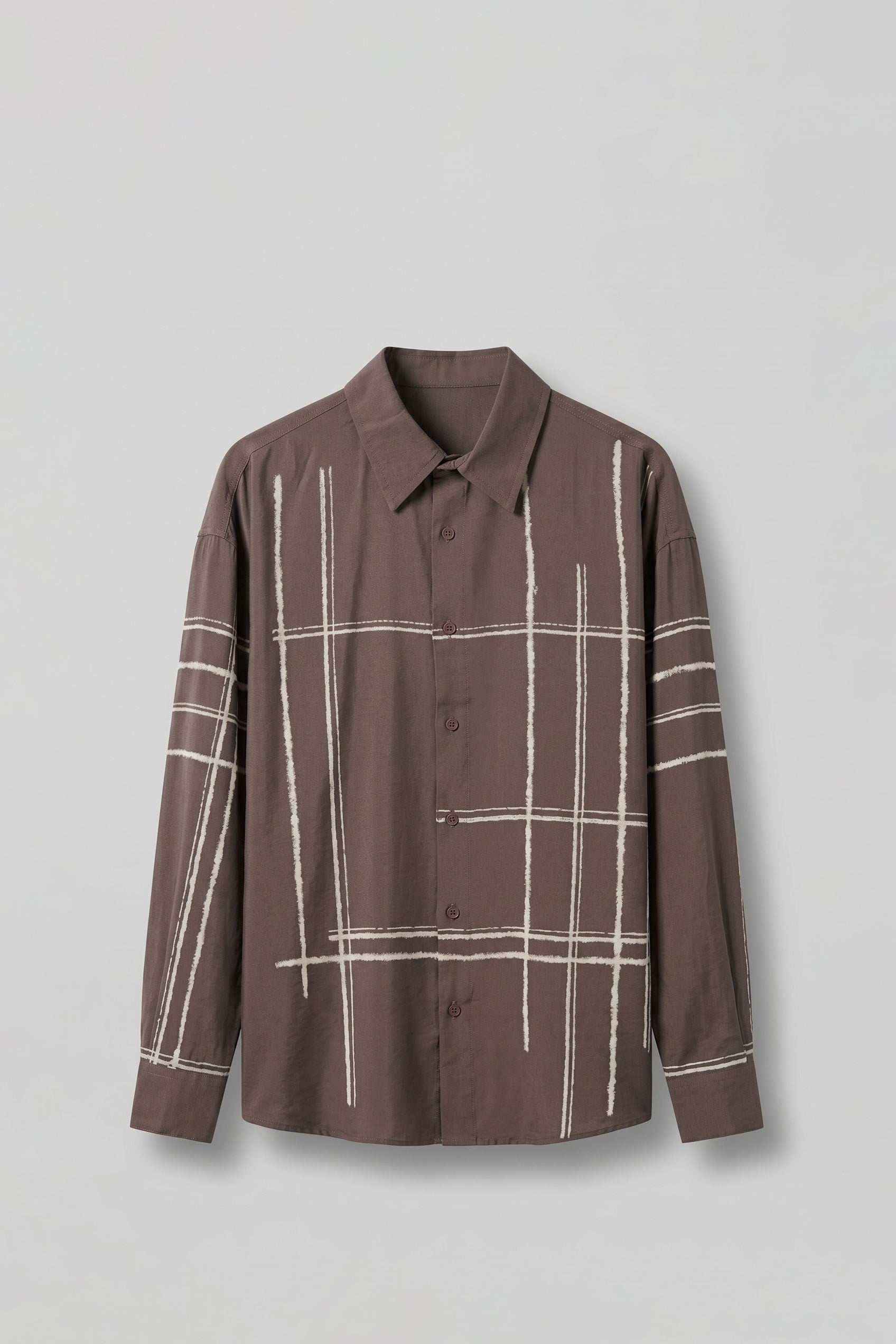 Erkek Oversize Flok Çizgili Uzun Kollu Tencel Gömlek Kahverengi