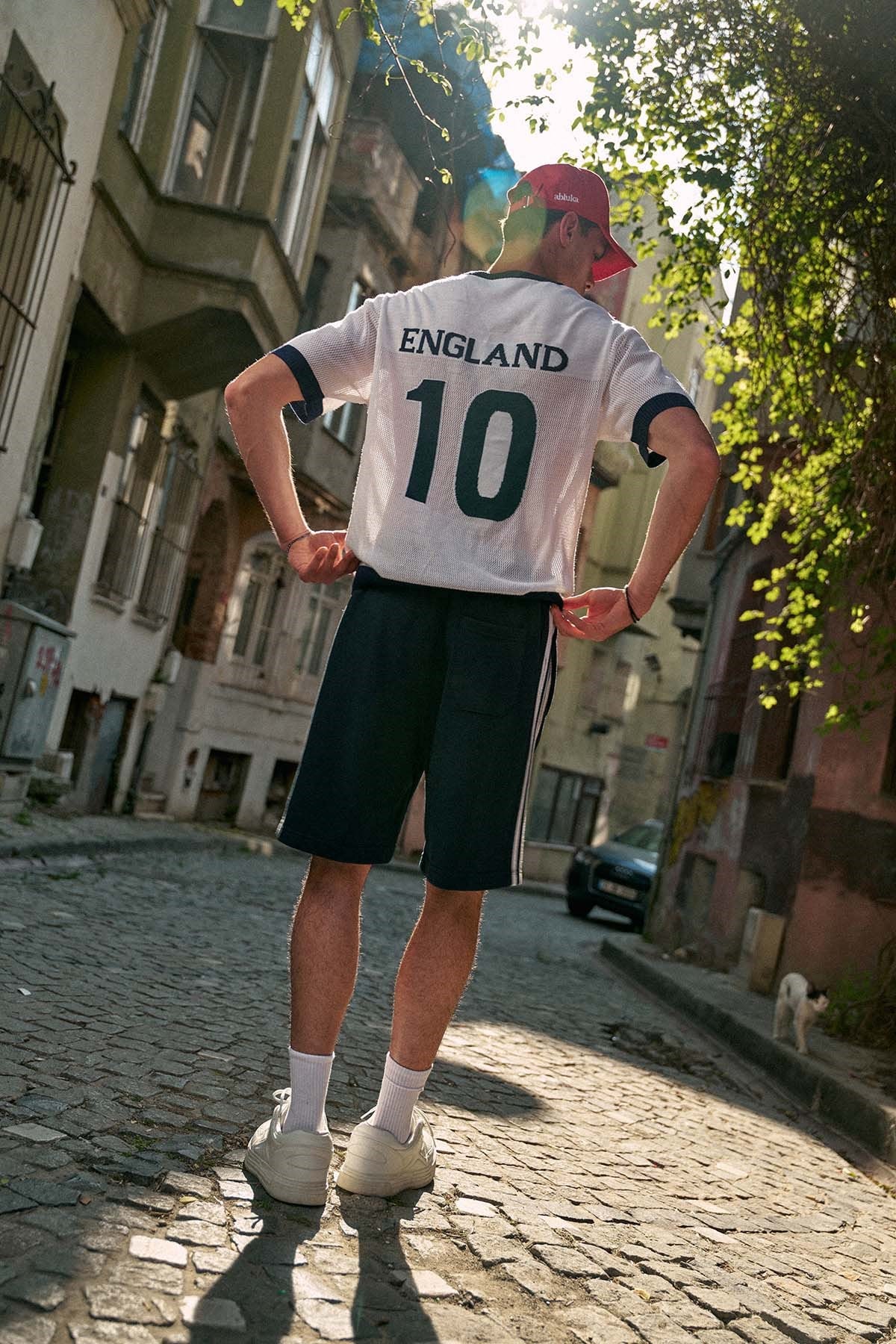 Erkek Oversize Futbol V Yaka Triko Forma T-Shirt Ekru