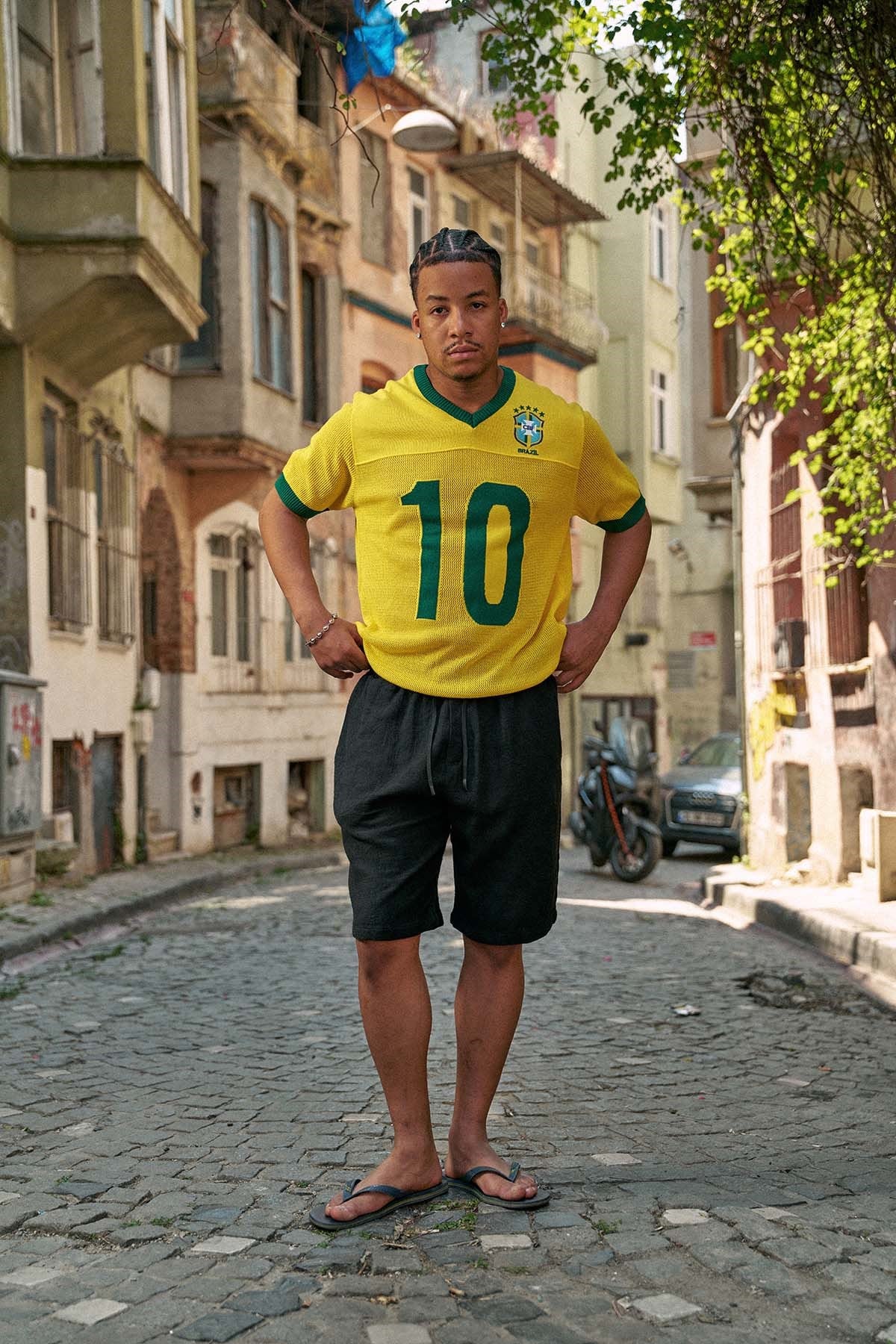 Erkek Oversize Futbol V Yaka Triko Forma T-Shirt Sarı