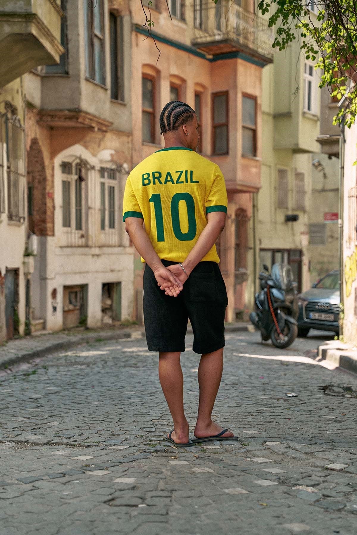 Erkek Oversize Futbol V Yaka Triko Forma T-Shirt Sarı