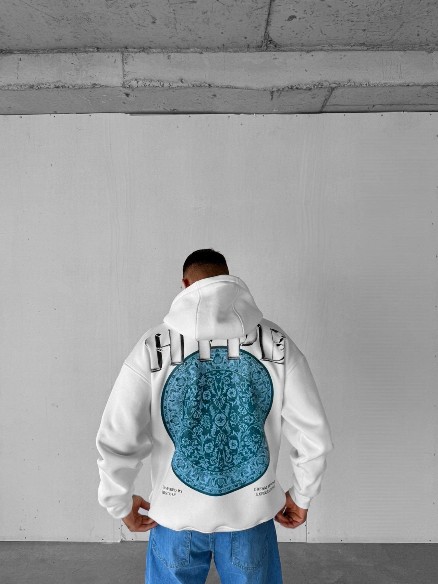 Erkek Oversize Hype Baskılı Premium Kapüşonlu Sweatshirt Ekru