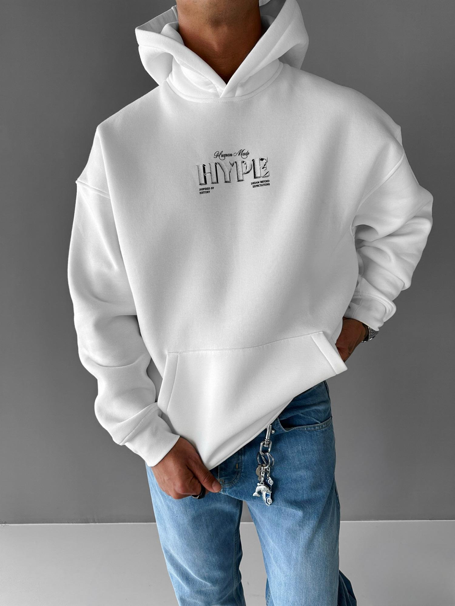 Erkek Oversize Hype Baskılı Premium Kapüşonlu Sweatshirt Ekru