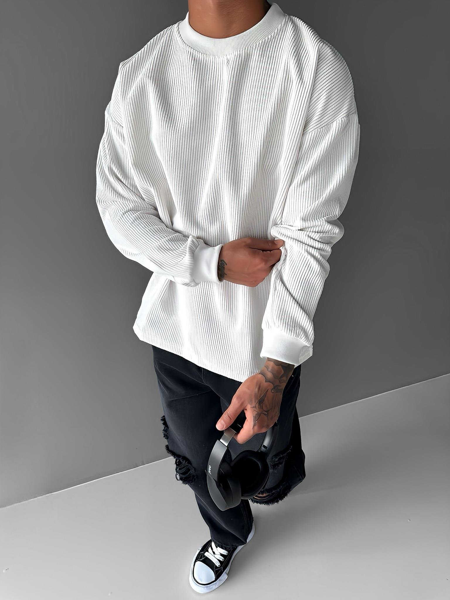 Erkek Oversize Kadife Dokulu Sweatshirt Ekru