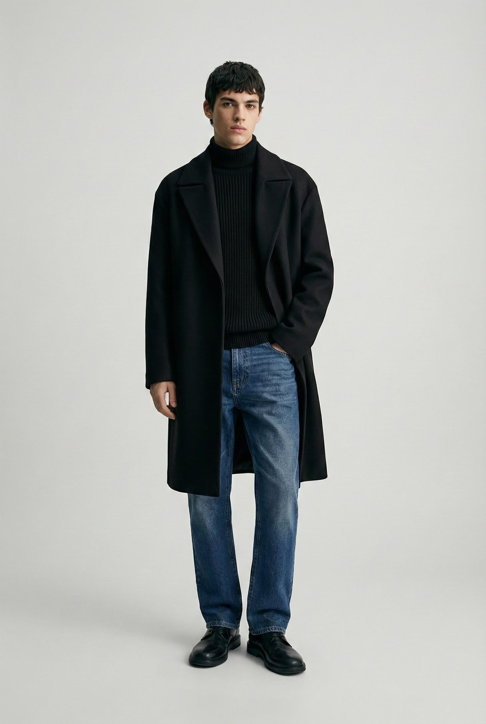 Erkek Oversize Kaşe Kaban Siyah