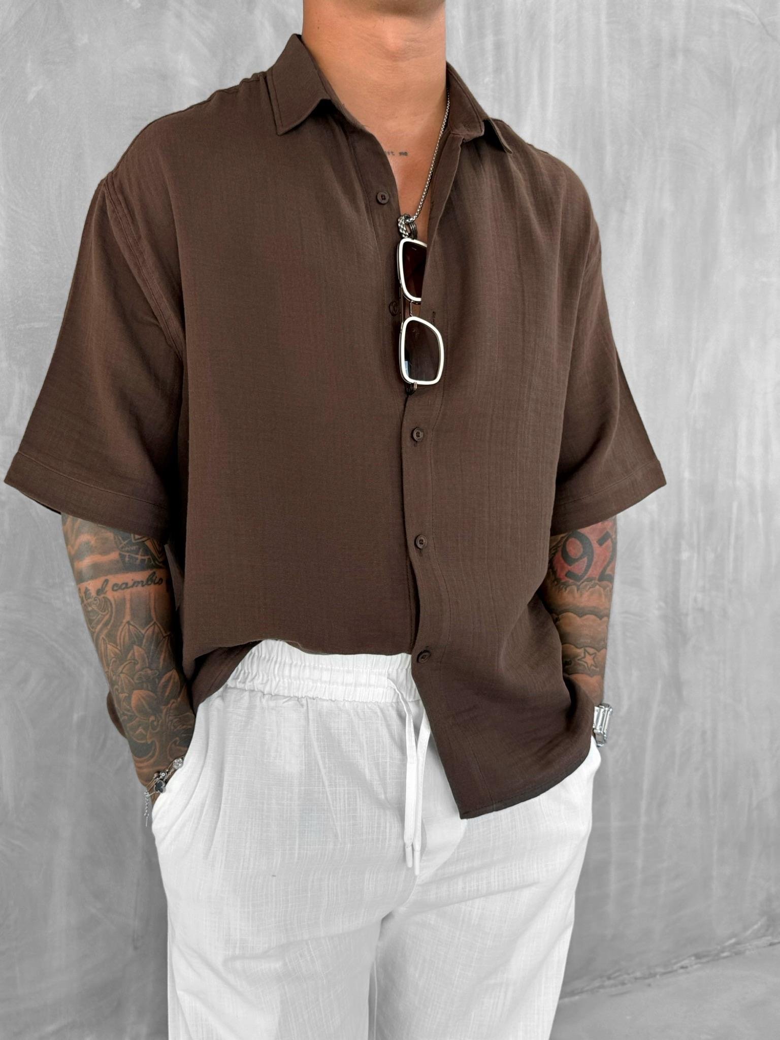 Erkek Oversize Kısa Kollu Müslin Gömlek Kahve