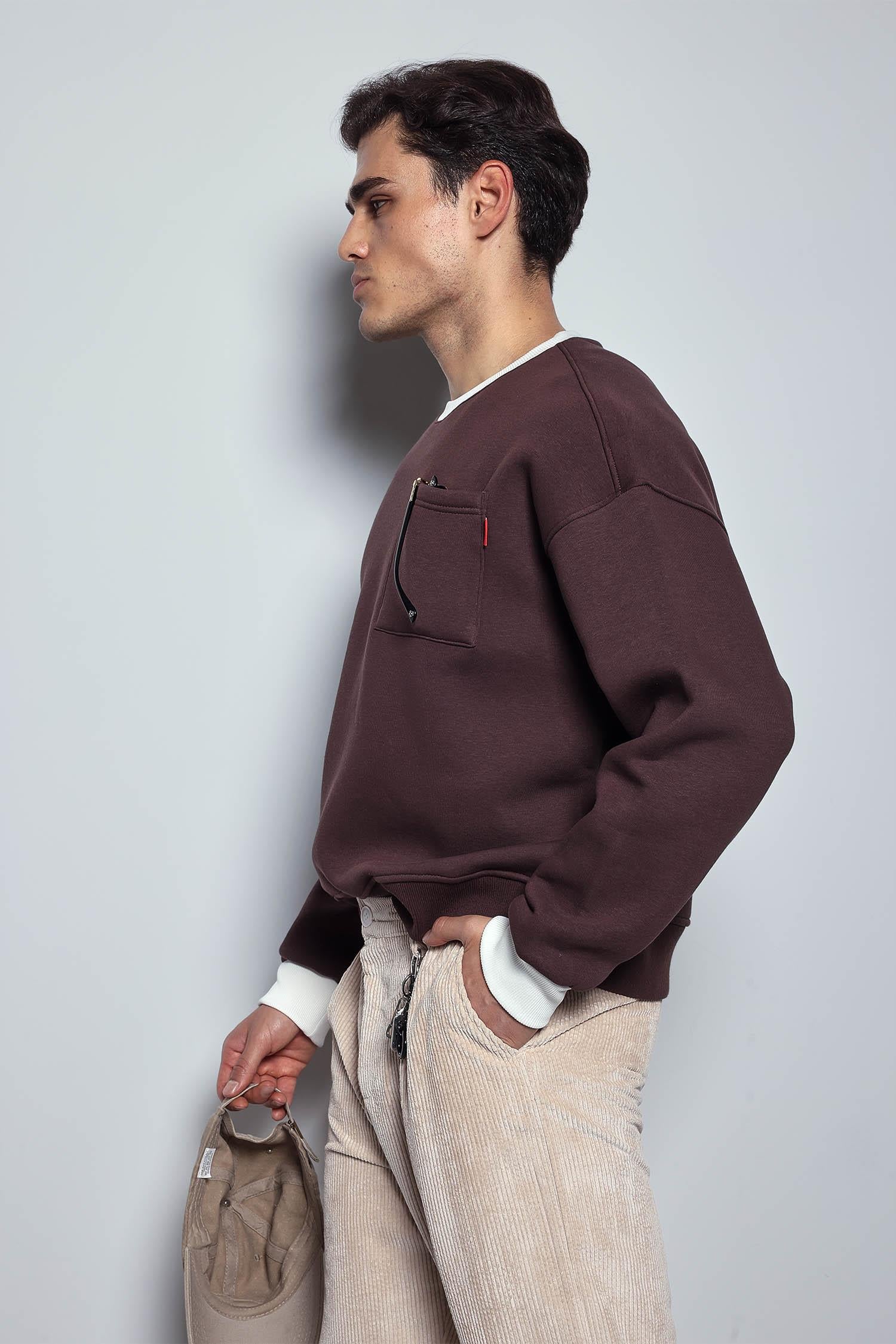 Erkek Oversize Kontrast Detaylı Sweatshirt Kahverengi