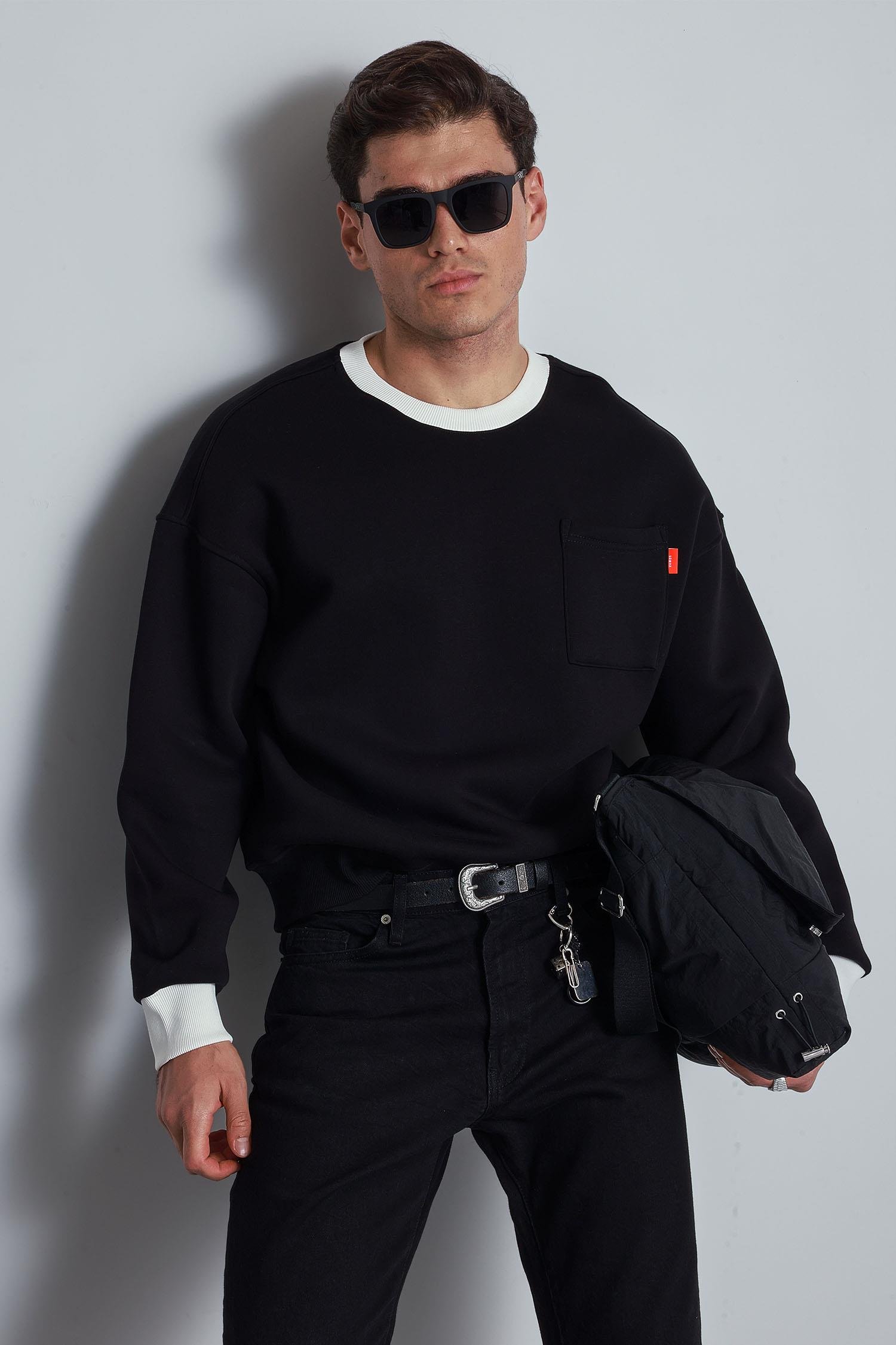 Erkek Oversize Kontrast Detaylı Sweatshirt Siyah