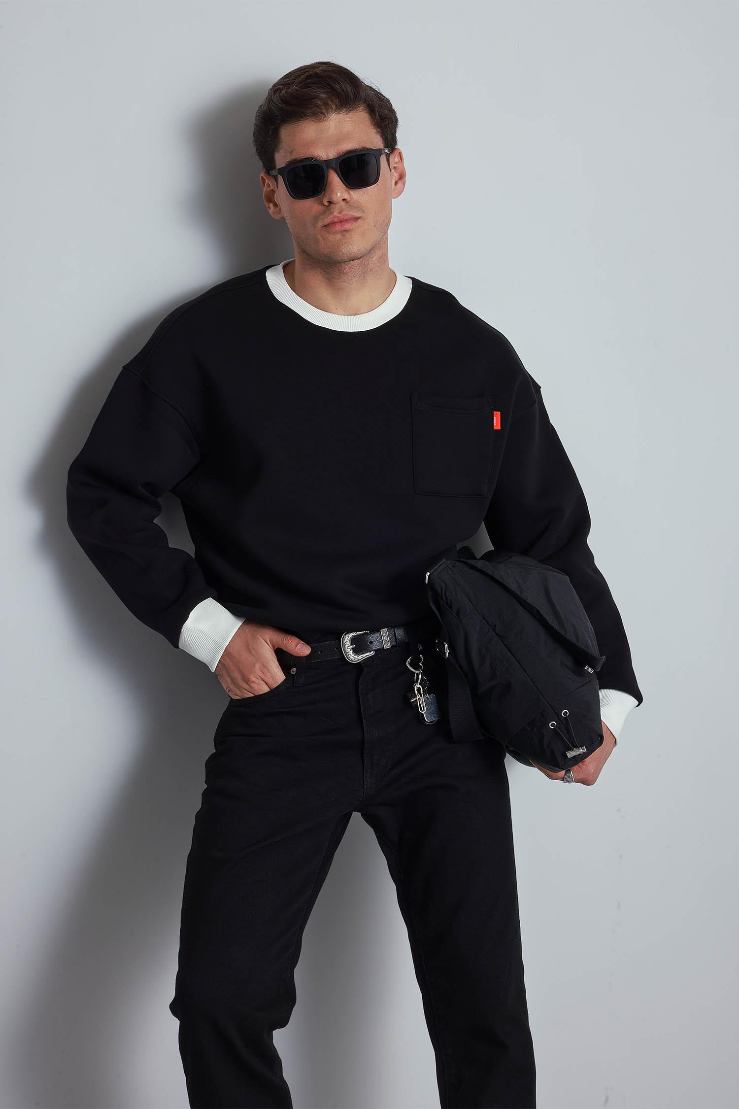 Erkek Oversize Kontrast Detaylı Sweatshirt Siyah