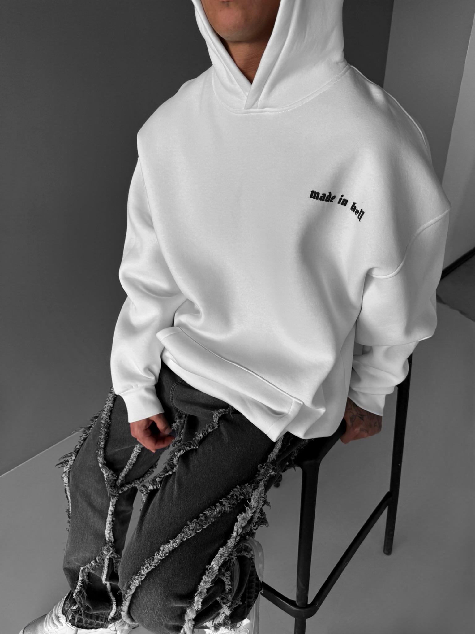 Erkek Oversize Made In Hell Baskılı Premium Kapüşonlu Sweatshirt Ekru