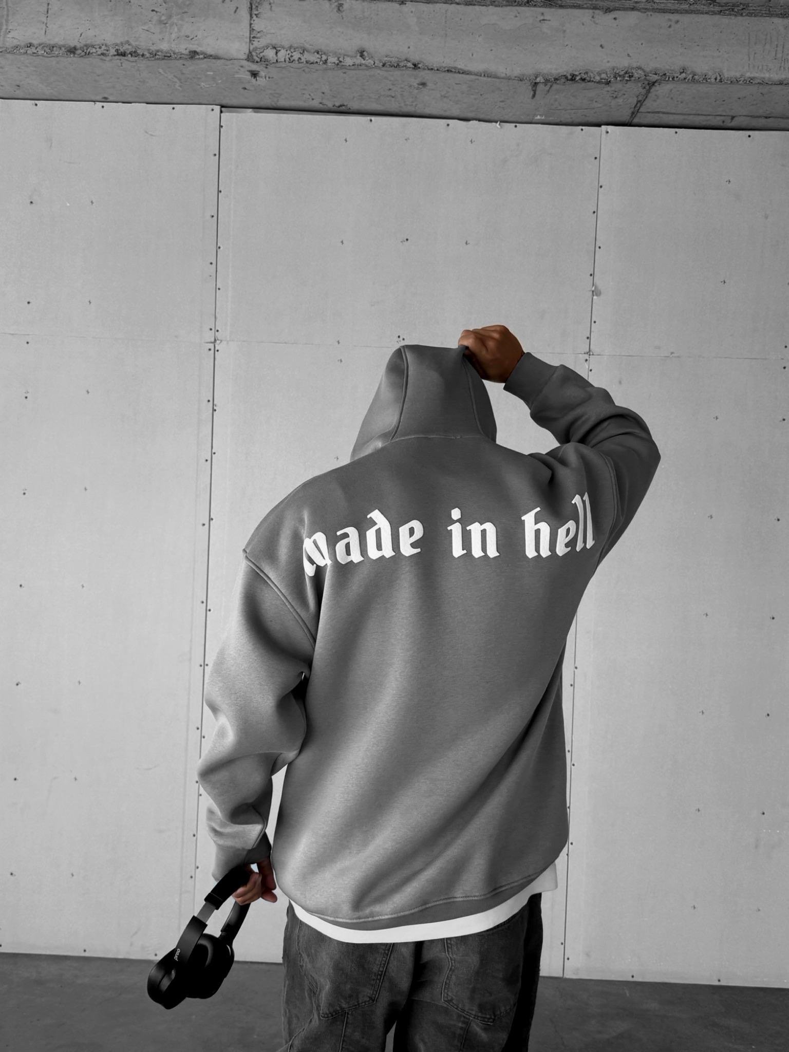 Erkek Oversize Made In Hell Baskılı Premium Kapüşonlu Sweatshirt Gri