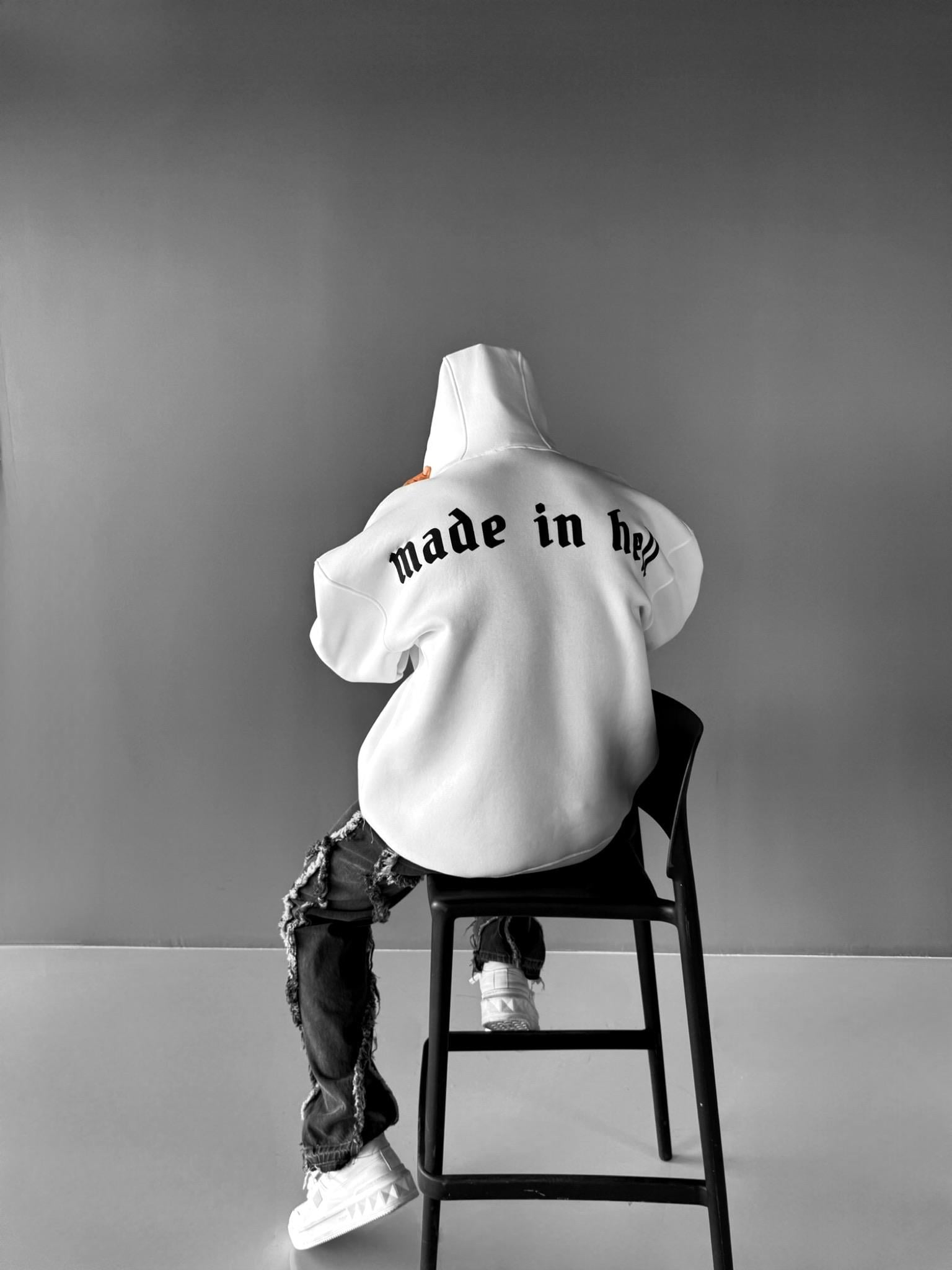 Erkek Oversize Made In Hell Baskılı Premium Kapüşonlu Sweatshirt Ekru