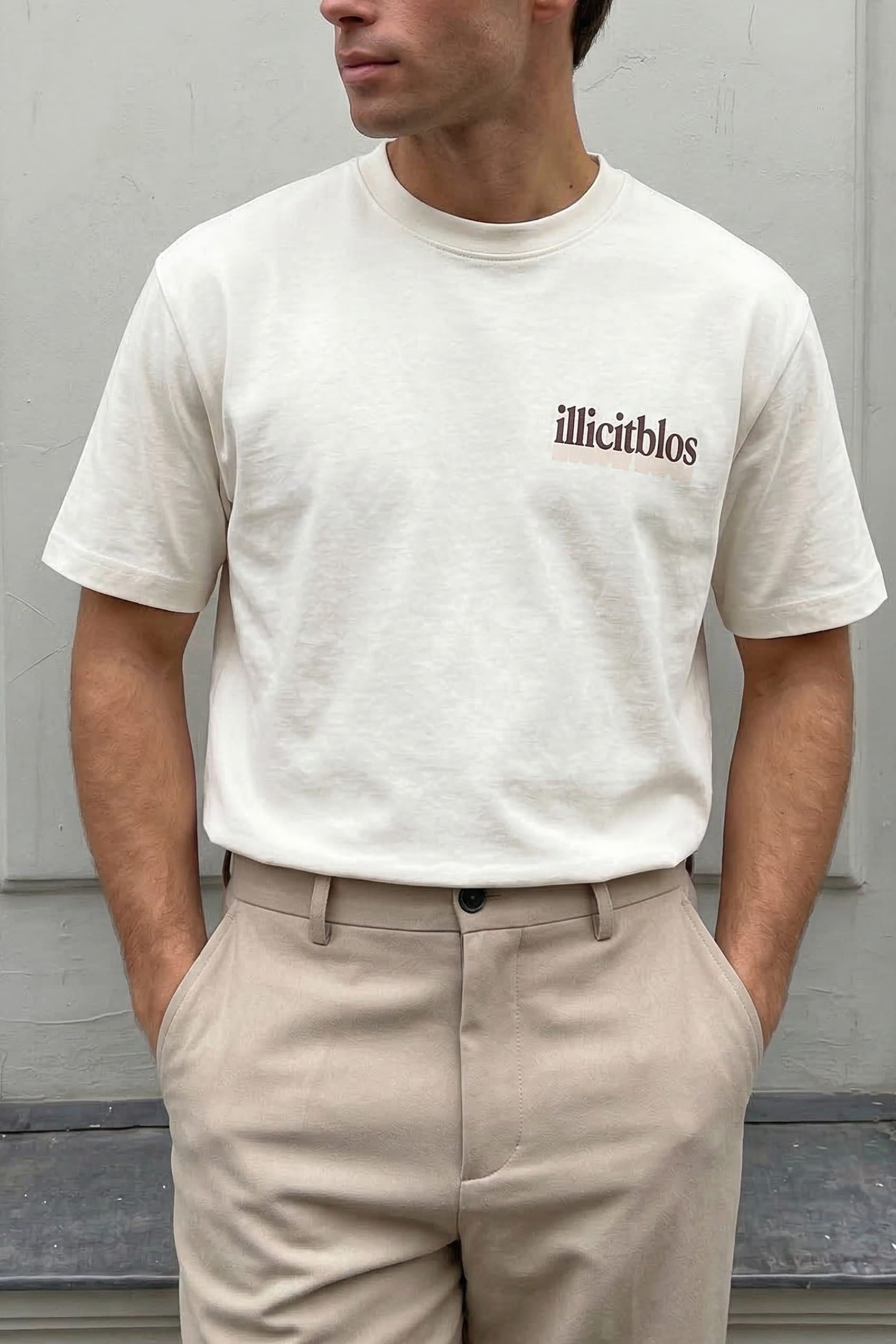 Erkek Oversize Minimal Yazı Baskılı T-Shirt Beyaz