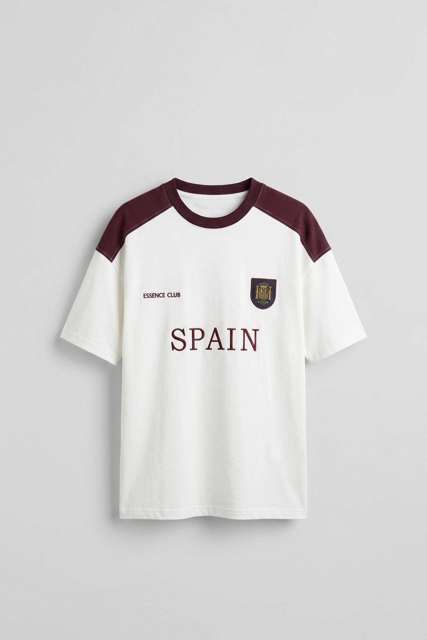 Erkek Oversize Nakışlı Ülke Temalı Forma T-Shirt Ekru/Bordo