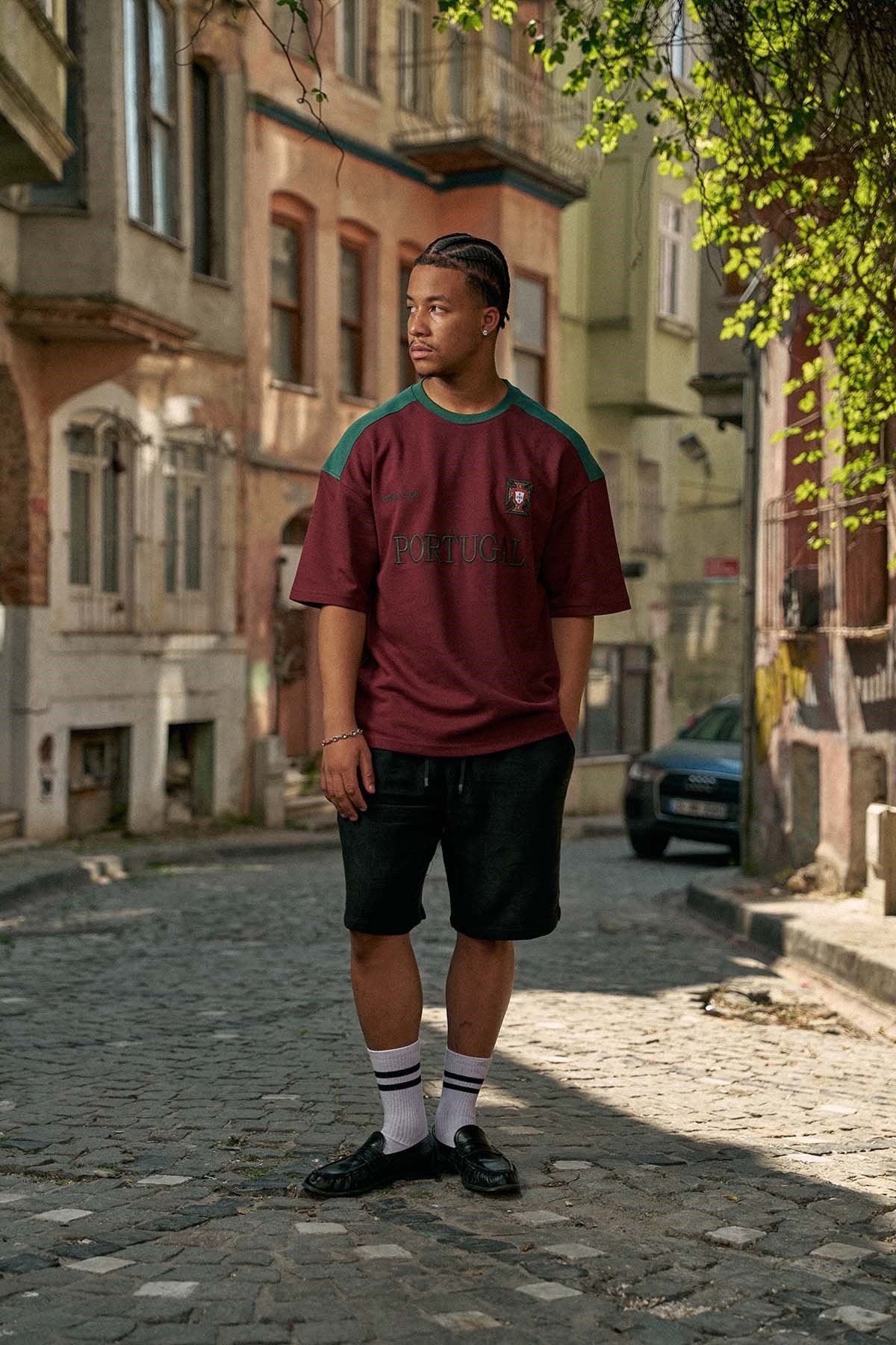 Erkek Oversize Nakışlı Ülke Temalı Forma T-Shirt Bordo