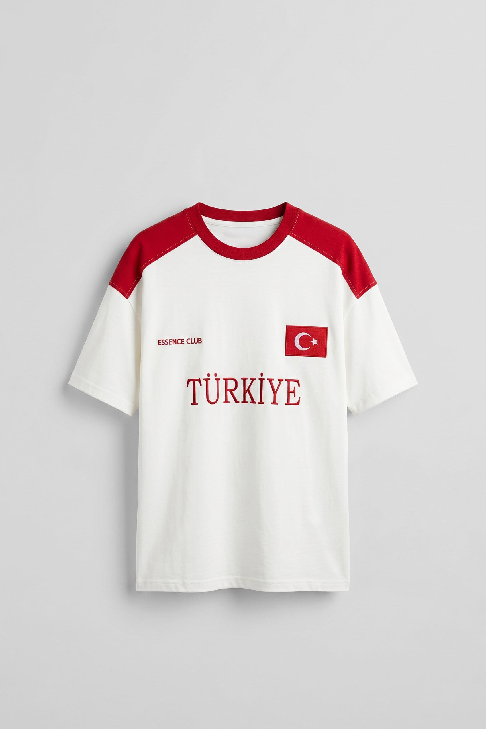 Erkek Oversize Nakışlı Ülke Temalı Forma T-Shirt Ekru/Kırmızı