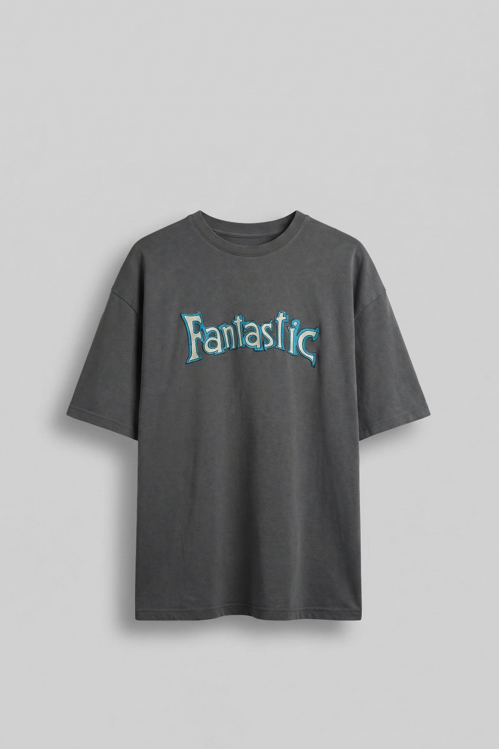 Erkek Oversize Nakışlı Yıkamalı T-Shirt Füme