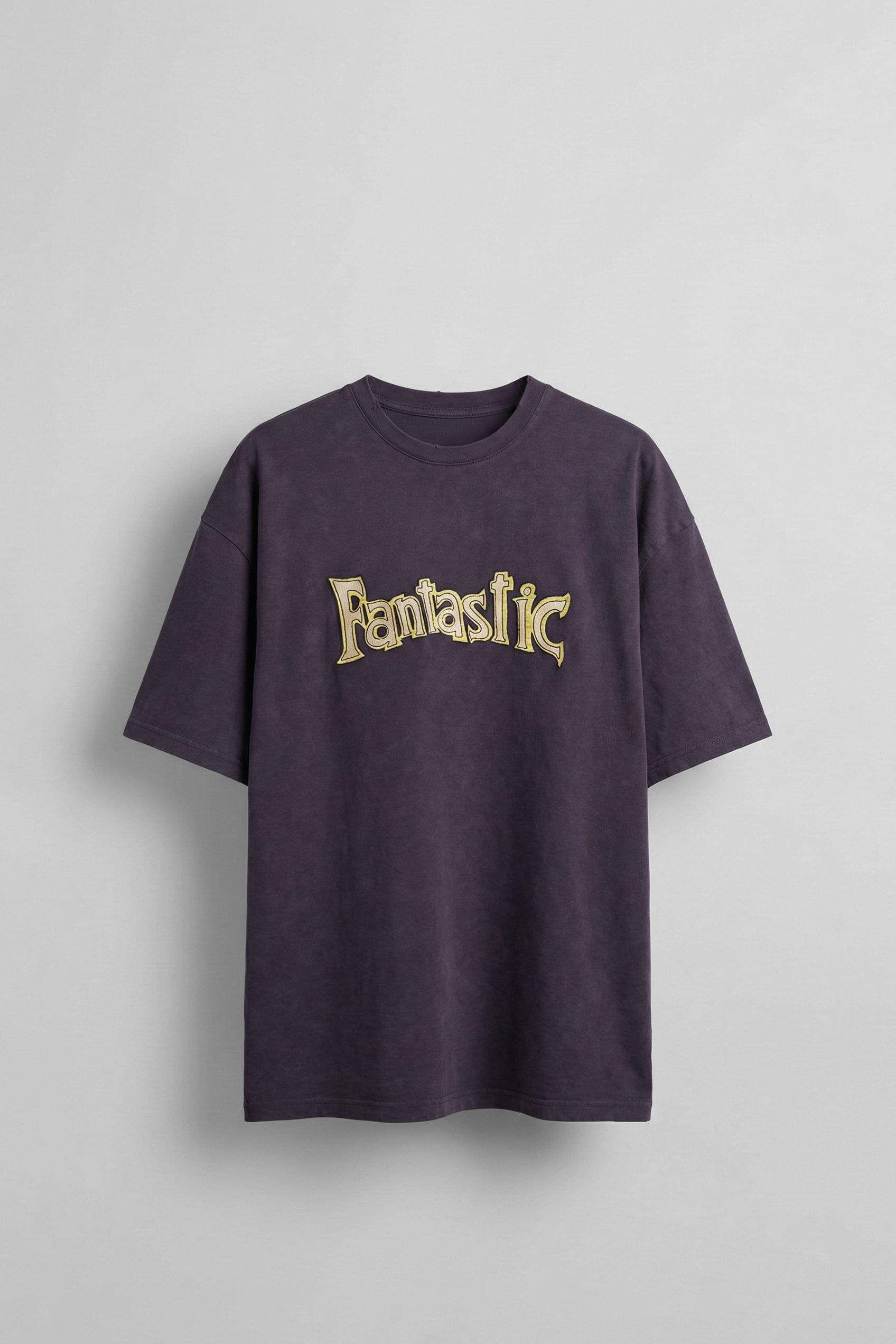 Erkek Oversize Nakışlı Yıkamalı T-Shirt Mürdüm