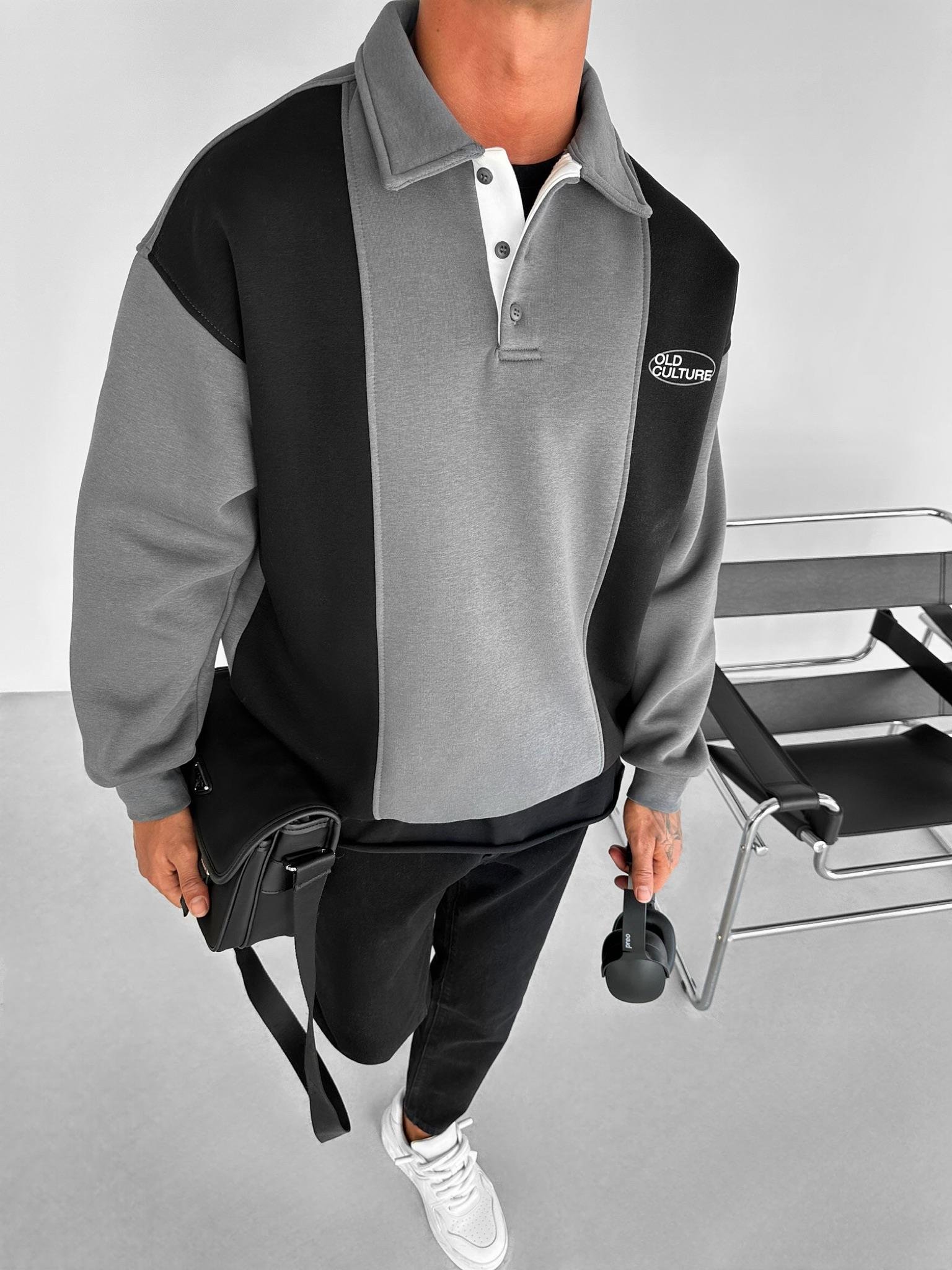 Erkek Oversize Önden Düğmeli Polo Yaka Baskılı Sweatshirt Siyah