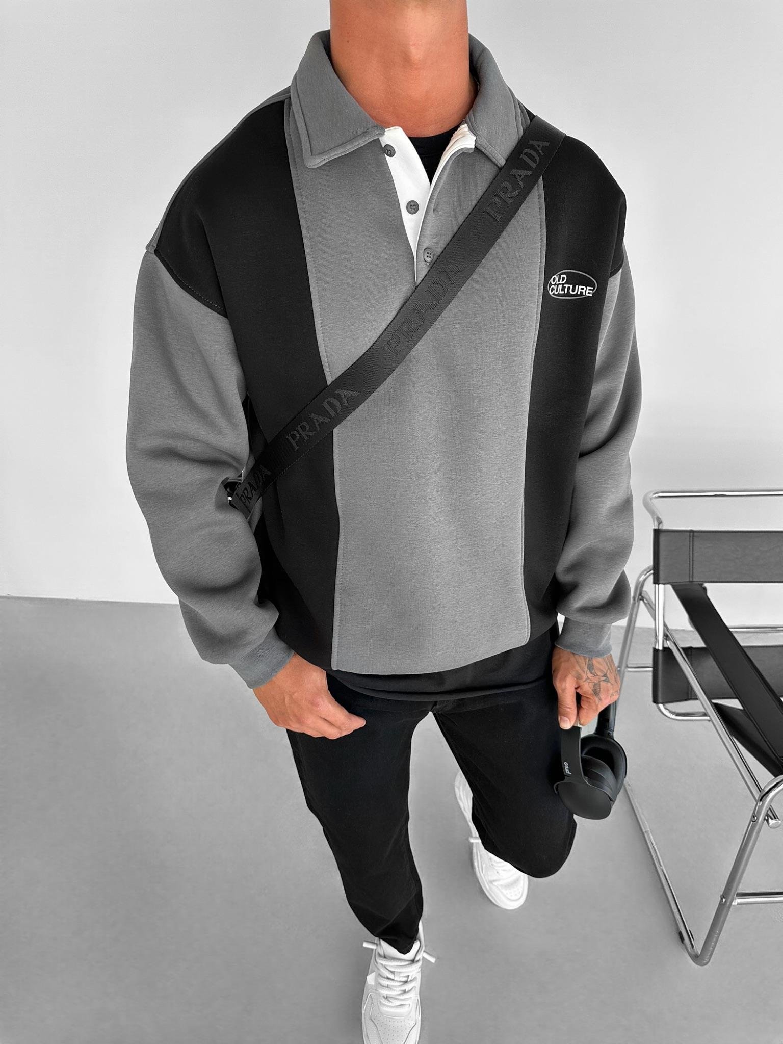 Erkek Oversize Önden Düğmeli Polo Yaka Baskılı Sweatshirt Siyah