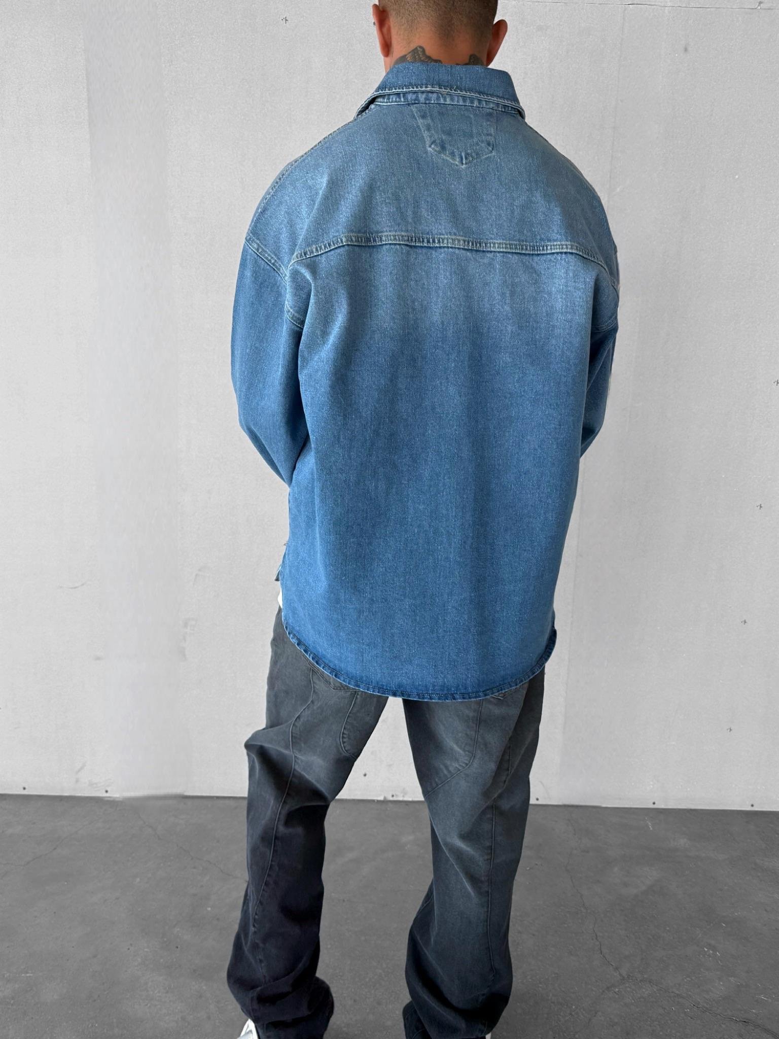 Erkek Oversize Önü Cepli Premium Denim Gömlek Mavi