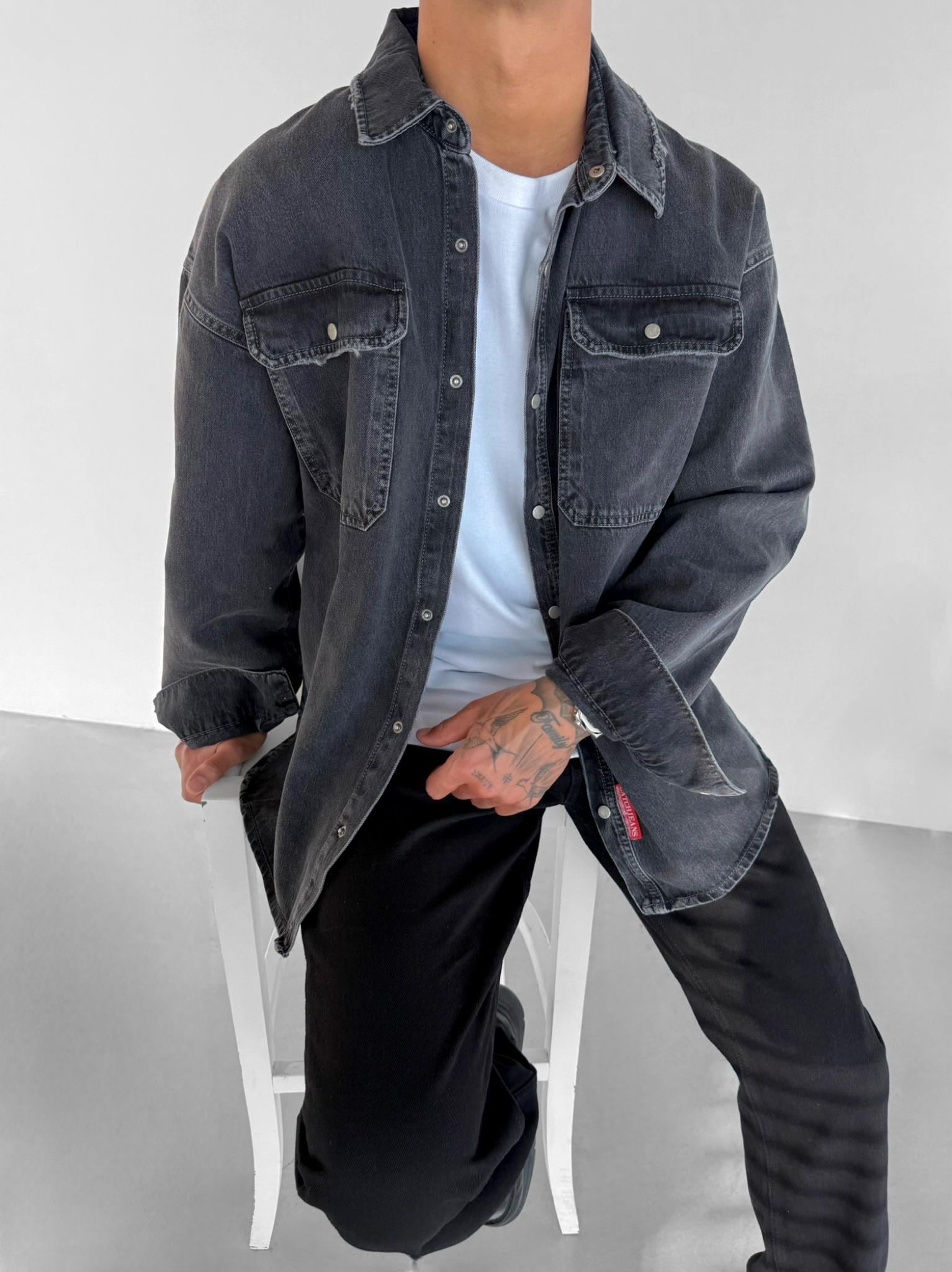 Erkek Oversize Önü Cepli Premium Denim Gömlek Siyah