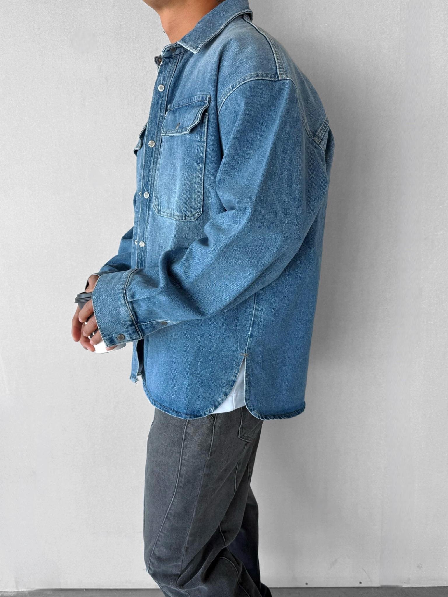 Erkek Oversize Önü Cepli Premium Denim Gömlek Mavi