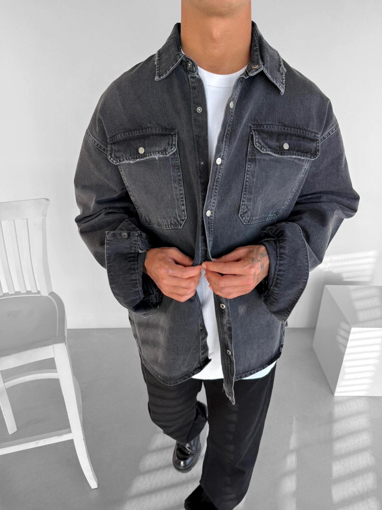 Erkek Oversize Önü Cepli Premium Denim Gömlek Siyah
