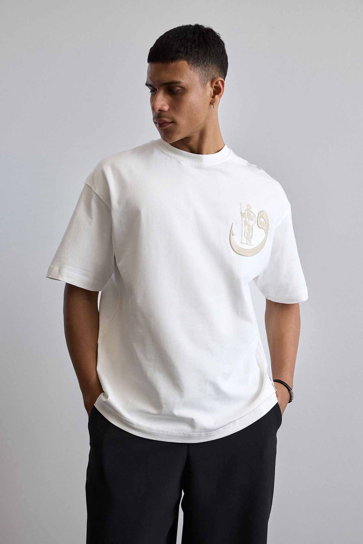 Erkek Oversize Pamuklu Kaligrafi Nakışlı Motif T-Shirt Beyaz