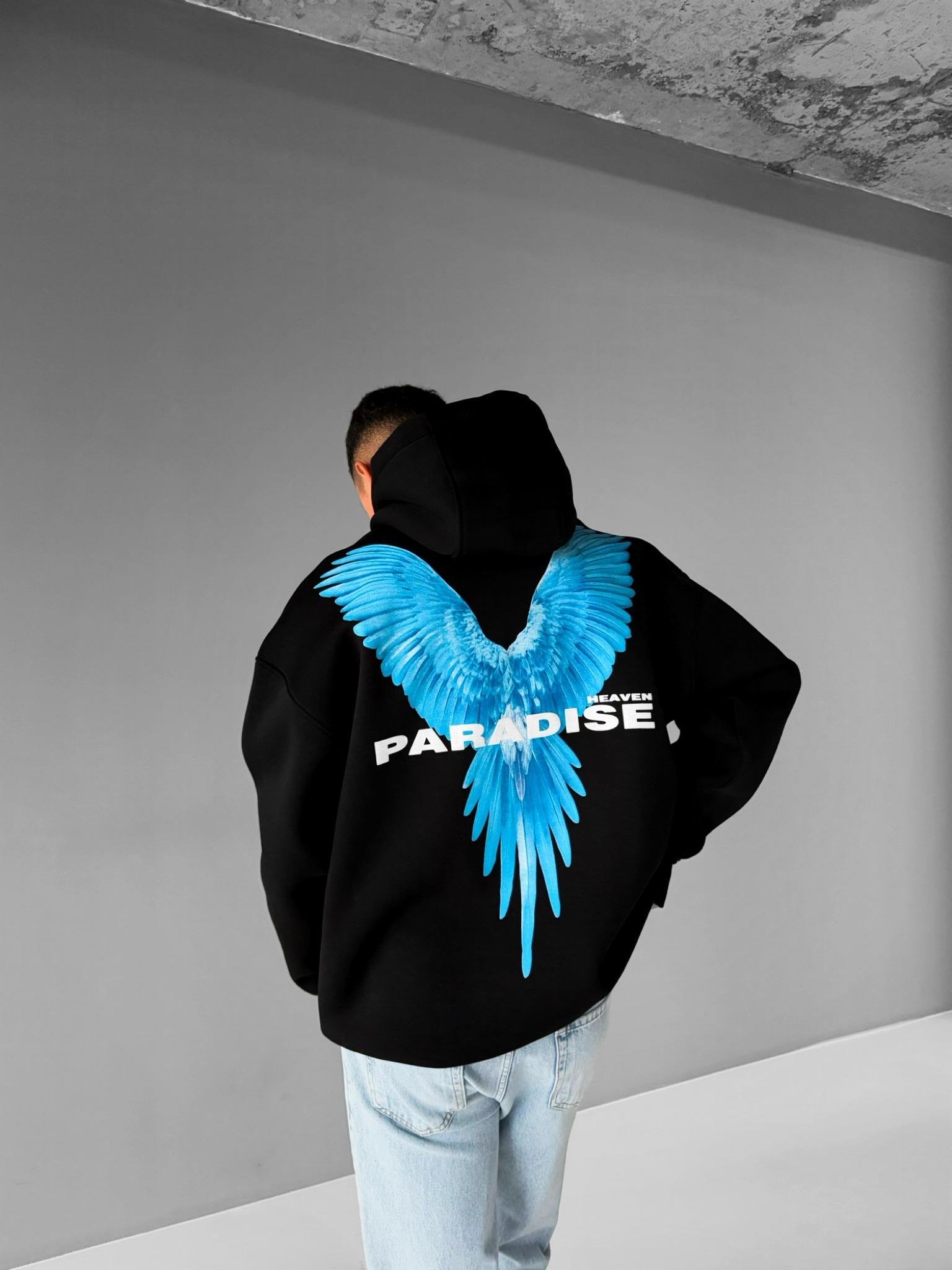 Erkek Oversize Paradise Baskılı Hoodie Siyah