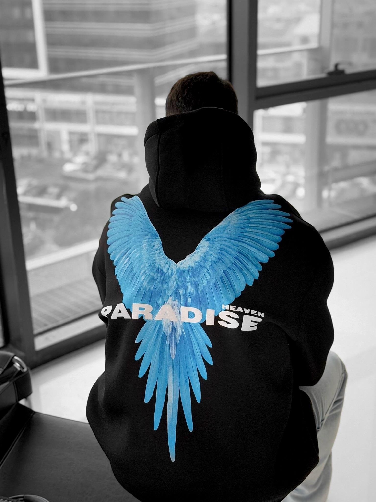 Erkek Oversize Paradise Baskılı Hoodie Siyah