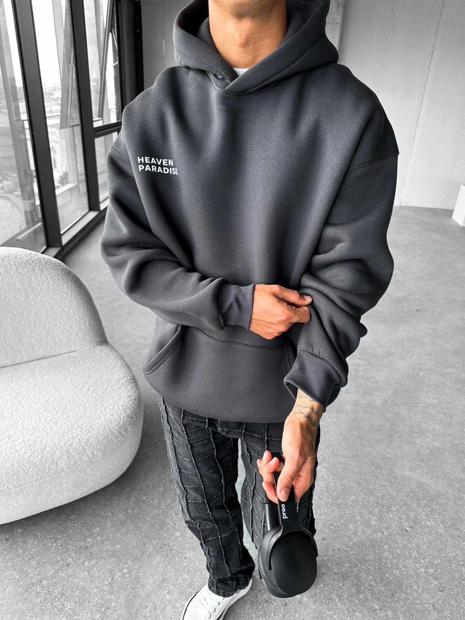 Erkek Oversize Paradise Baskılı Hoodie Antrasit