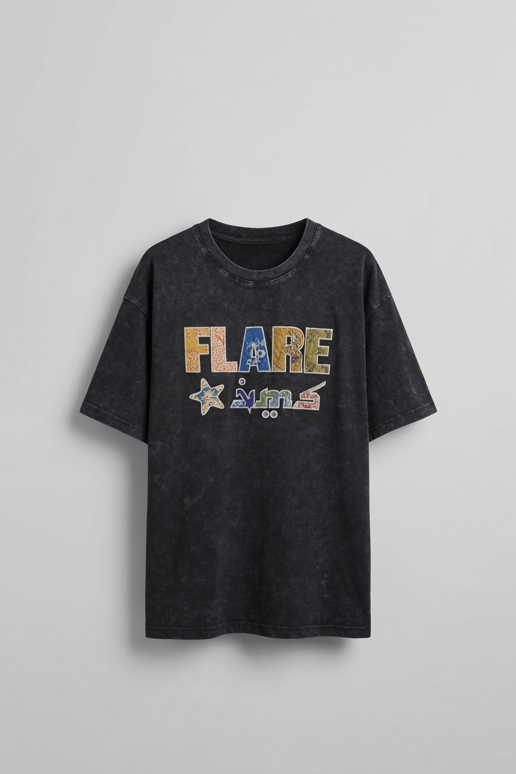 Erkek Oversize Patchwork Nakışlı T-Shirt Siyah