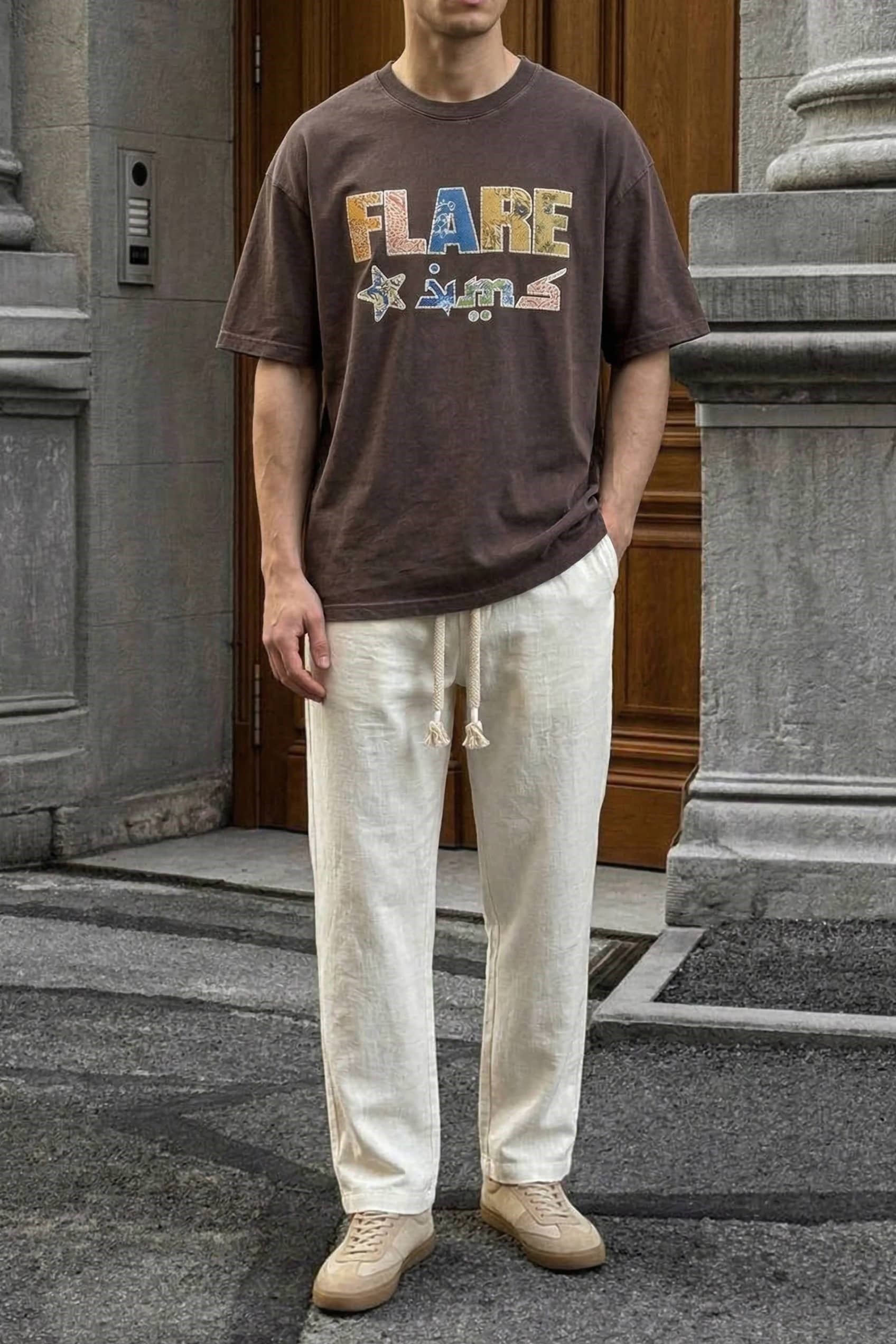 Erkek Oversize Patchwork Nakışlı T-Shirt Kahverengi
