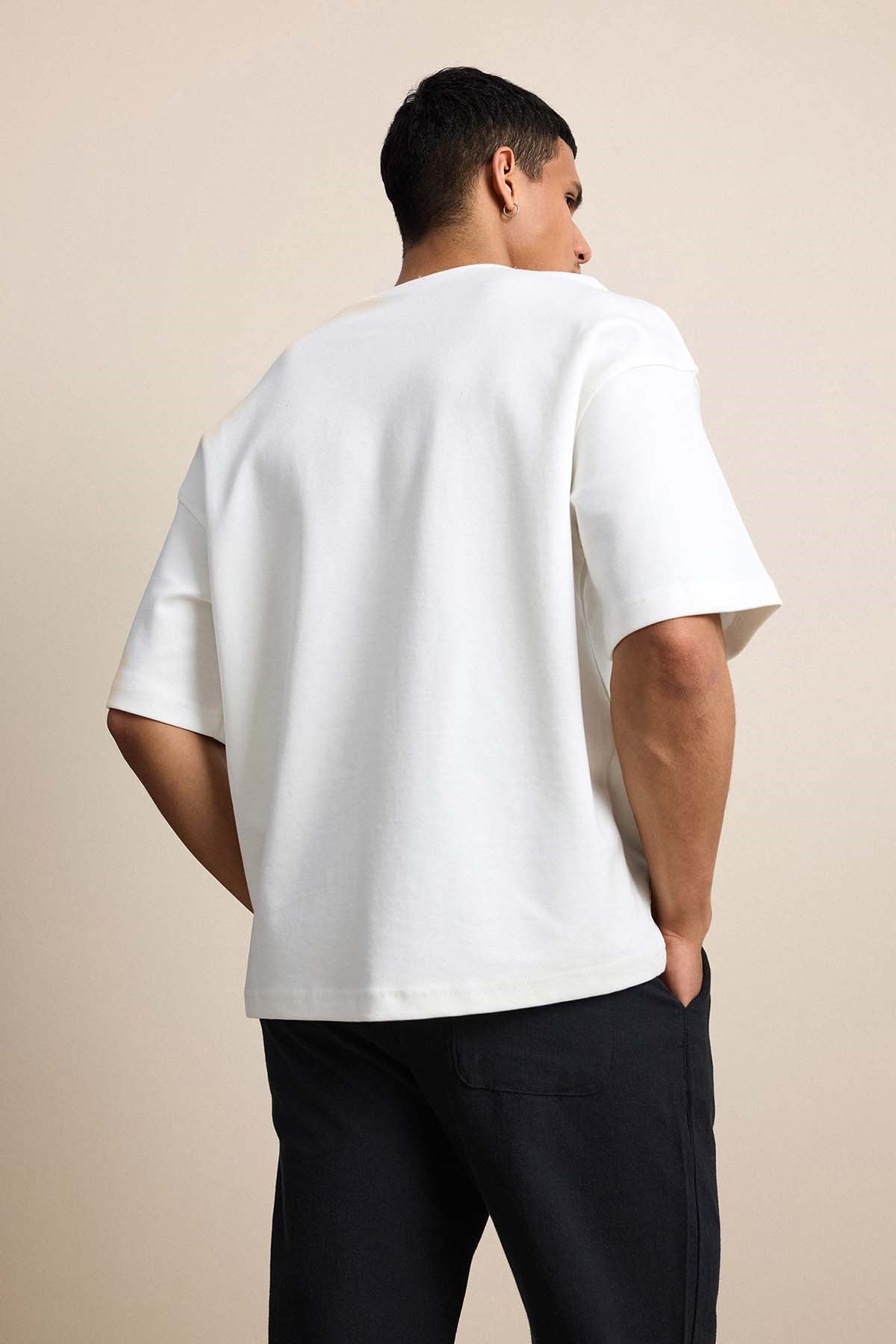 Erkek Oversize Patchwork Nakışlı T-Shirt Ekru