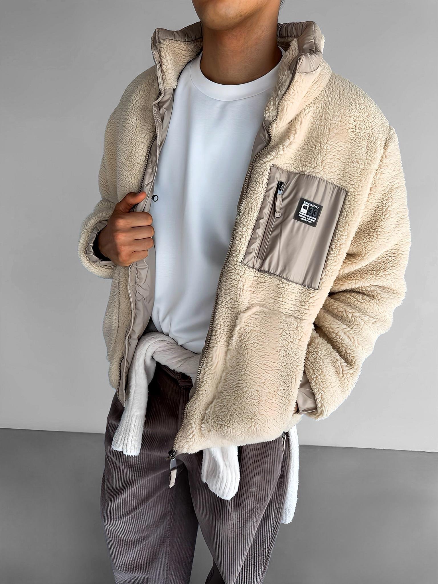 Erkek Oversize Peluş Mont Sweatshirt Ceket Bej