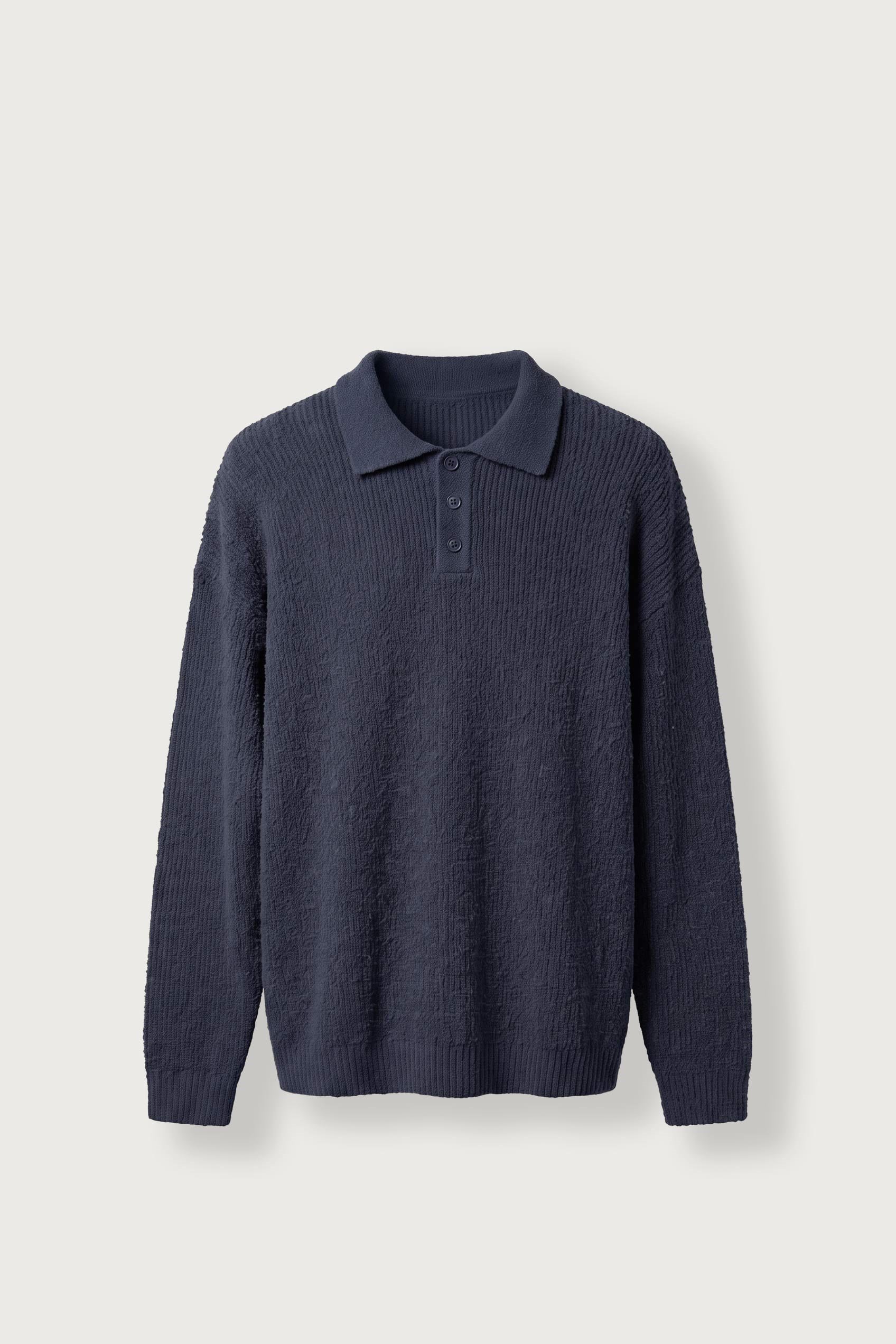 Erkek Oversize Polo Yaka Düğmeli Fitilli Triko Kazak Lacivert