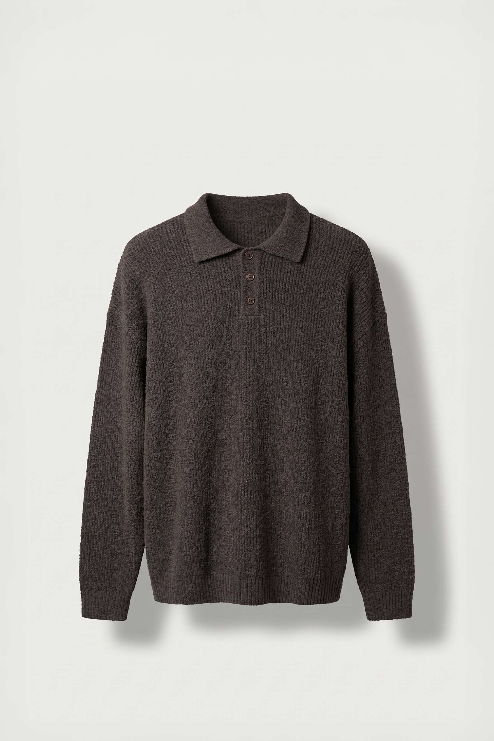 Erkek Oversize Polo Yaka Düğmeli Fitilli Triko Kazak Kahverengi