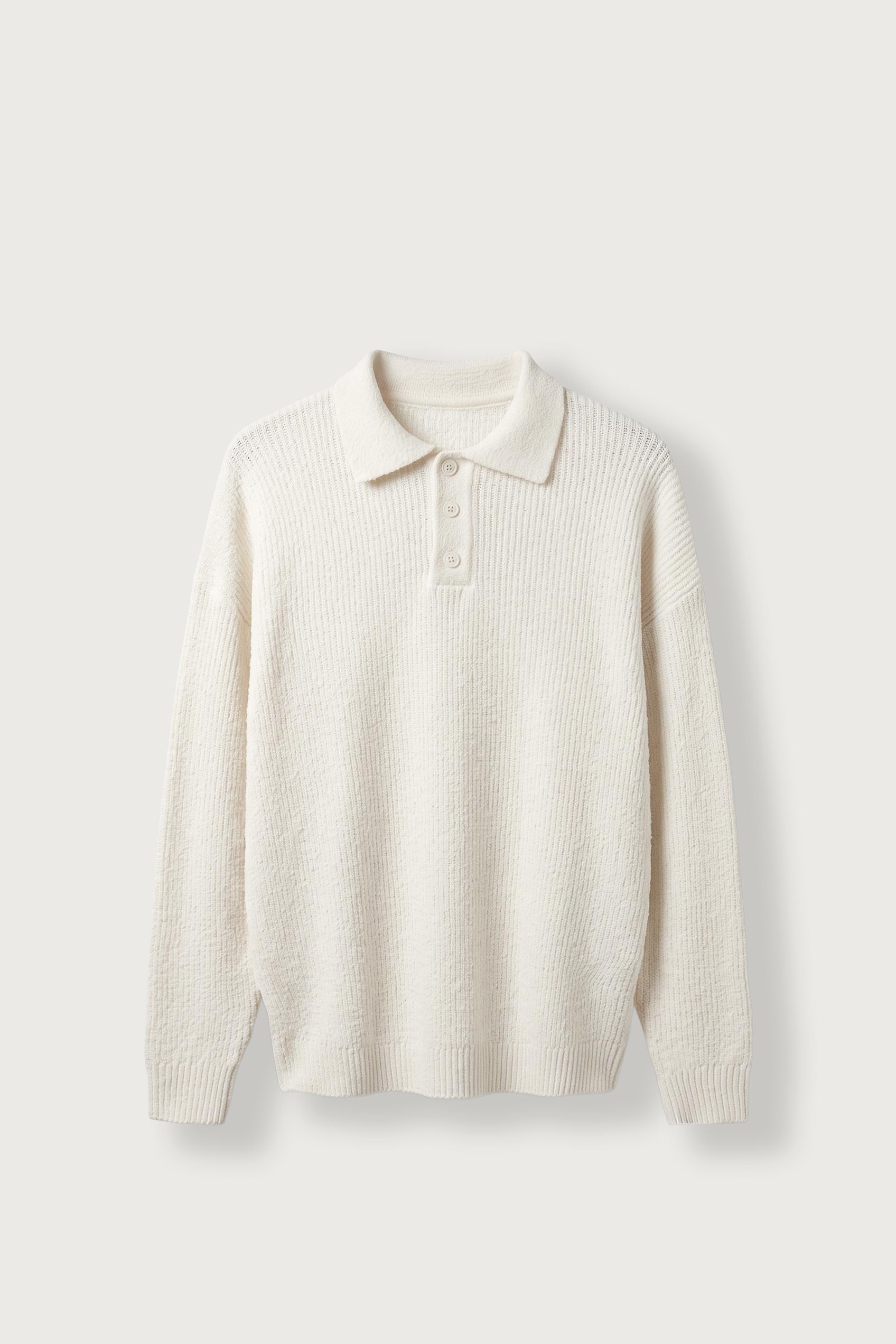 Erkek Oversize Polo Yaka Düğmeli Fitilli Triko Kazak Ekru