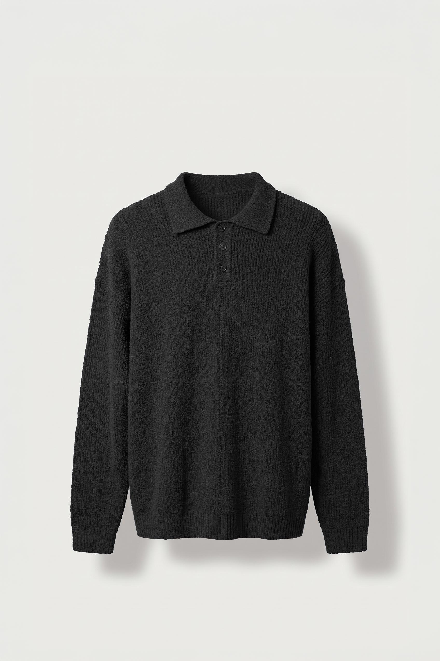 Erkek Oversize Polo Yaka Düğmeli Fitilli Triko Kazak Siyah